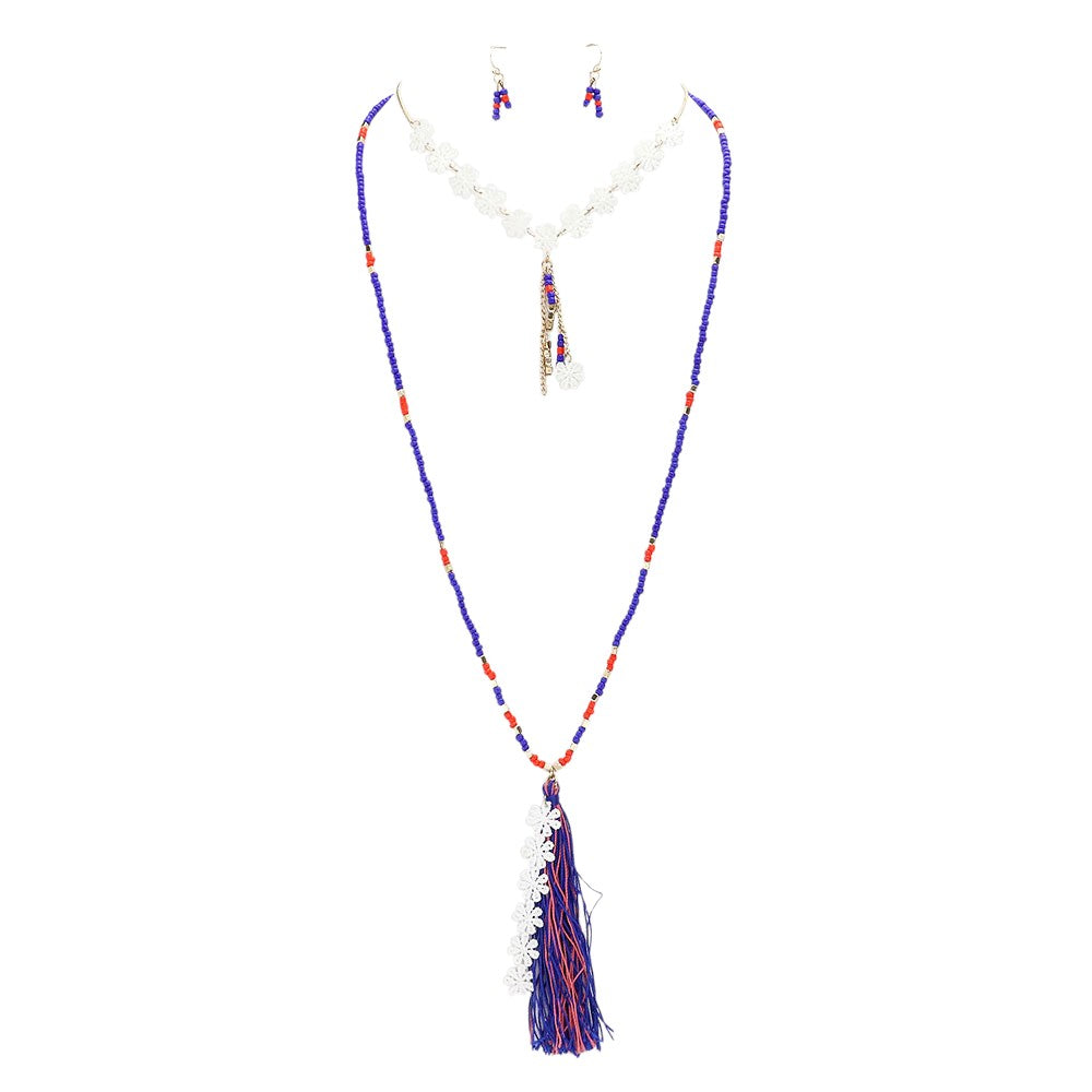 Gold Royal Blue Double-layer flower tassel drop beaded necklace is the perfect accessory to add a touch of elegance to any outfit. With its intricate design and long length, it can easily be dressed up or down for any occasion. The double layers and tassel drop provide a unique touch, making it a must-have for any fashion-forward individual.
