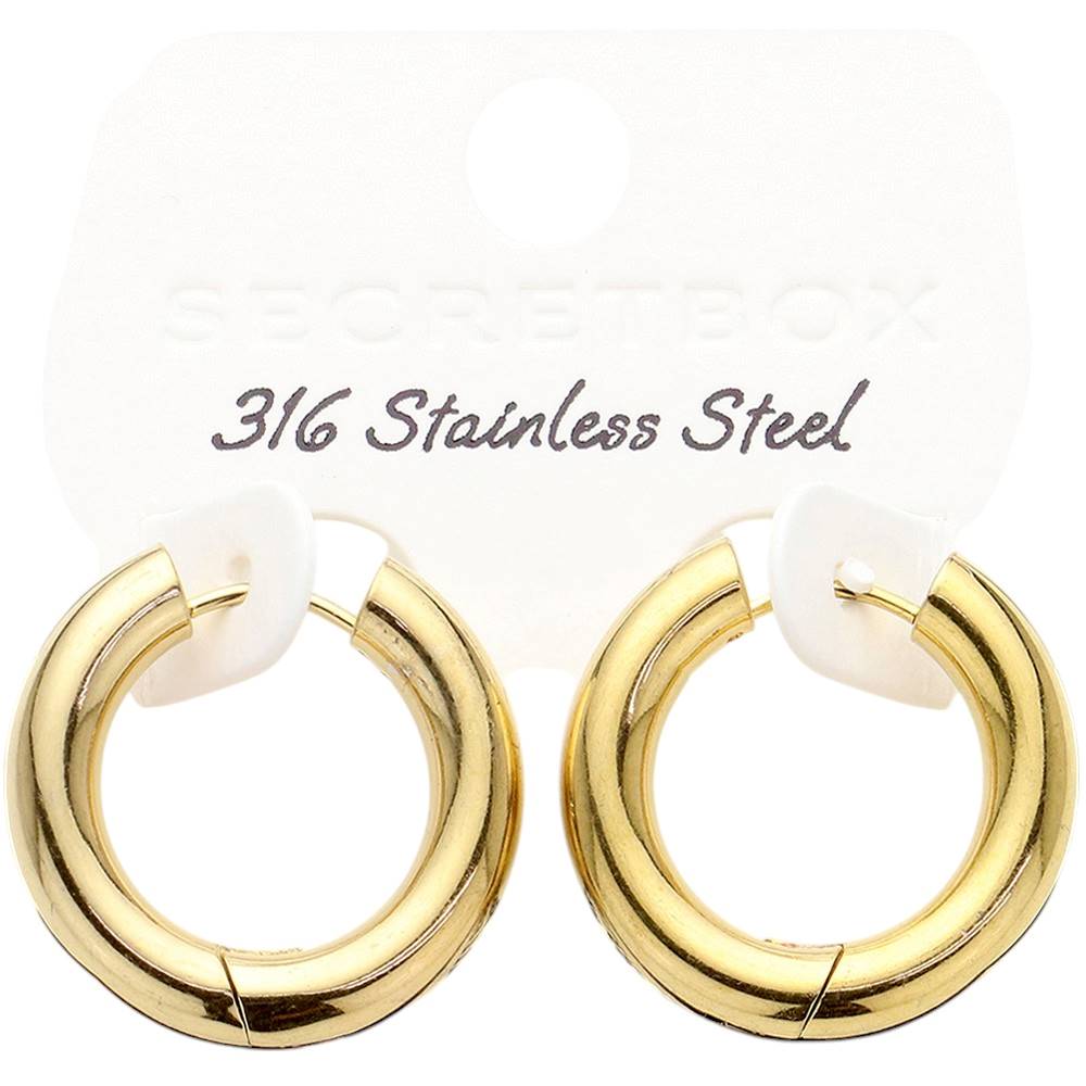 Gold SECRET BOX Stainless Steel Round Classic Hoop Earrings are a timeless accessory for any outfit. Made from high-quality stainless steel, these earrings are durable and hypoallergenic, making them perfect for everyday wear. The classic hoop design adds a touch of elegance to any look, making these earrings a must-have for any fashion-forward individual. Upgrade your jewelry collection with these stylish and functional hoop earrings.