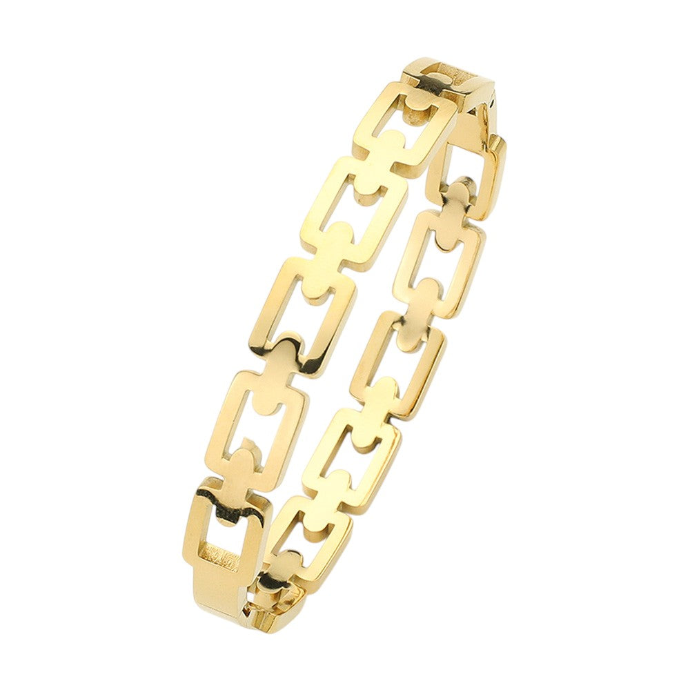 Gold Stainless steel square chain hinged bangle bracelet is a sleek and durable addition to any collection. Made from high-quality stainless steel, this bracelet offers both style and strength. The hinged design allows for easy wear and a comfortable fit, making it perfect for everyday wear or special occasions. Experience the sophistication and versatility of this timeless piece.