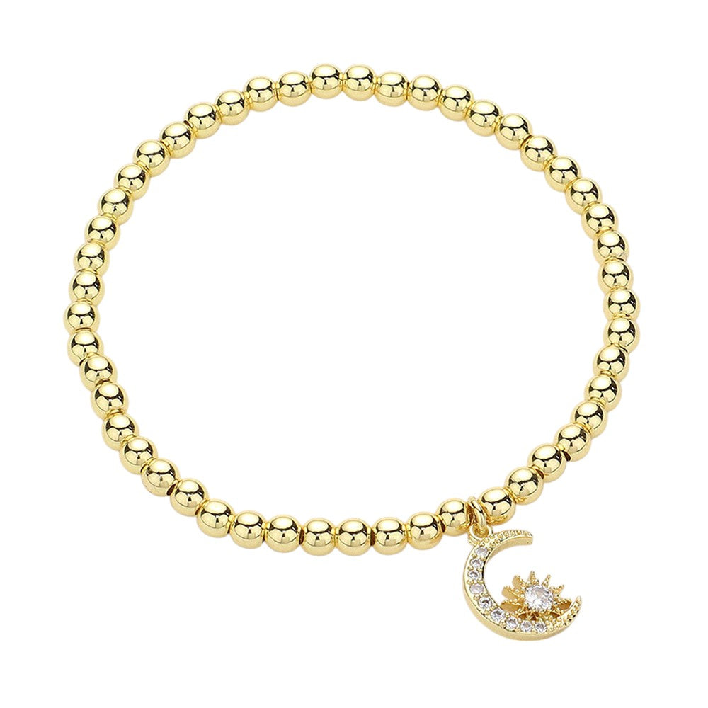 Stainless Steel Stone Paved Crescent Star Charm Stretch Ball Bracelet - Gold - Bracelets