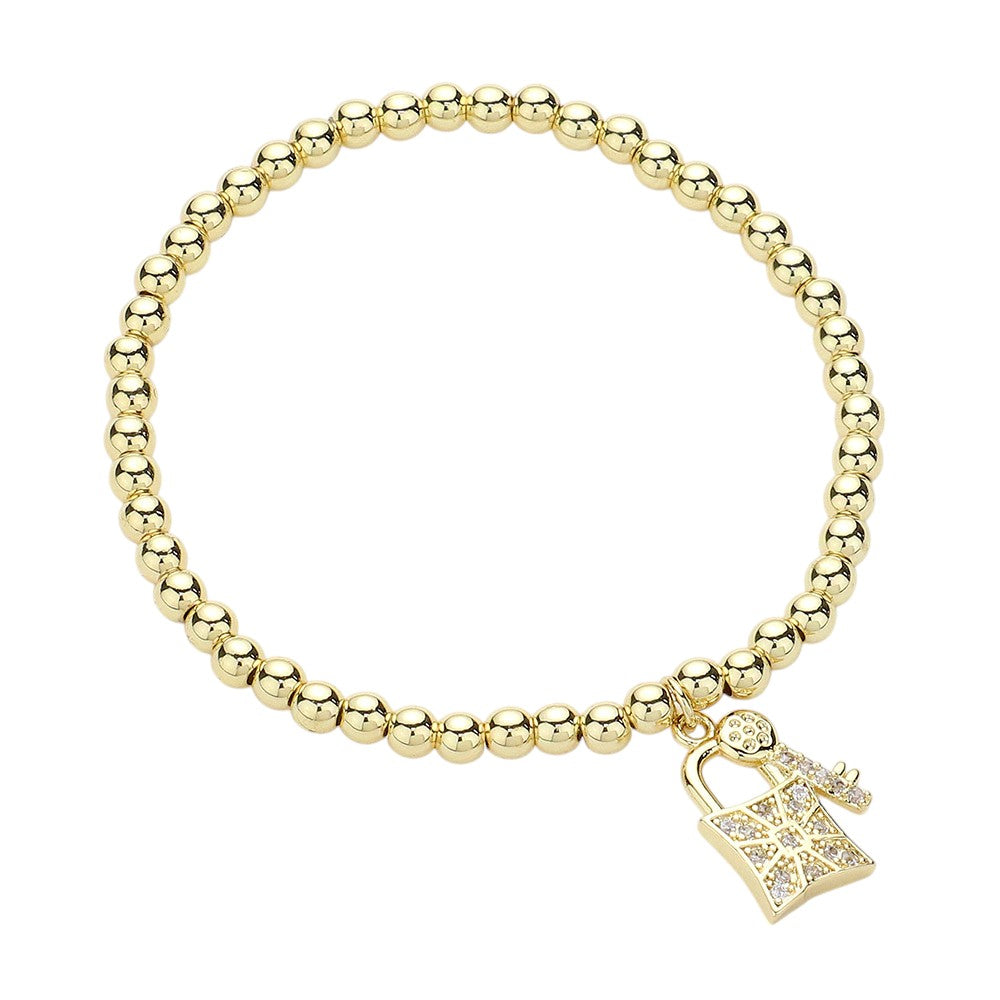 Stainless Steel Stone Paved Key and Lock Charm Stretch Ball Bracelet - Gold - Bracelets