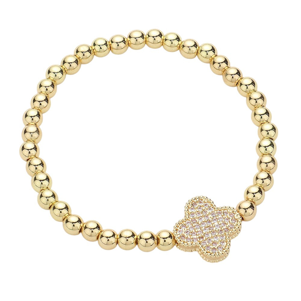 Gold Stainless Steel Stone stone-paved quatrefoil Charm Pointed Stretch Bracelet adds a touch of elegance to any outfit. Made of high-grade stainless steel, this bracelet features a beautiful quatrefoil charm and sparkling stones for a sophisticated look. The stretch design ensures a comfortable fit for all wrist sizes.
