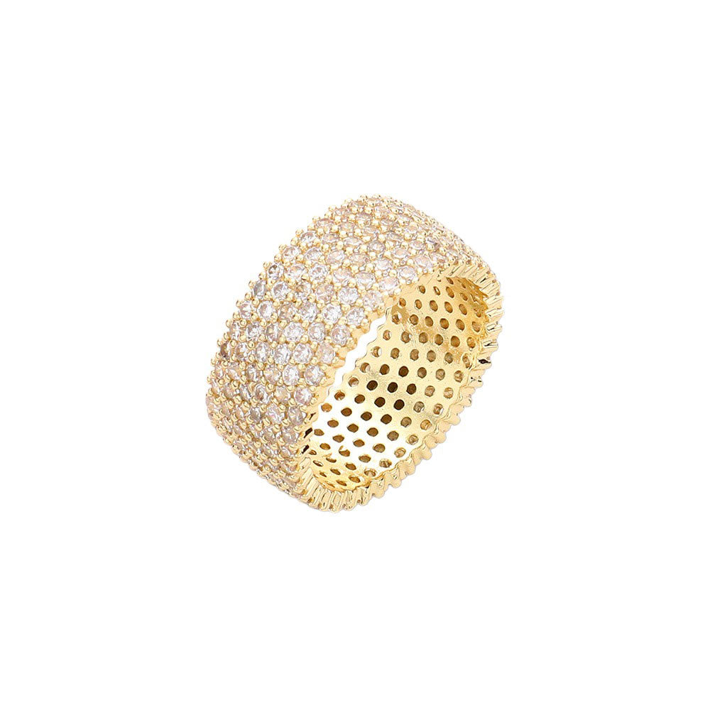 Gold Stone Paved Band Ring is crafted from durable materials for a timeless look and long-lasting quality. The elegant design features pave-set glittering stones that sparkle and shine. Perfect for any special occasion or everyday wear, this ring makes a stunning statement. A nice gift choice for friends and family.