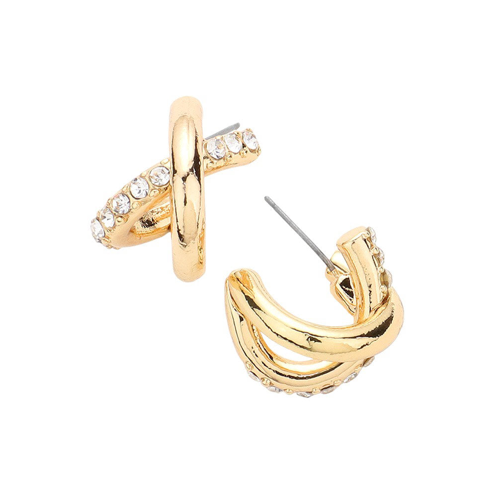 Gold Stone Paved Crossover Hoop Earrings, are crafted with exquisite precision and quality. The classic hoop design is complemented with stone-paved detail, creating a unique and eye-catching look. Perfect for adding a touch of subtle sophistication to any look. Perfect gift idea for someone you love.