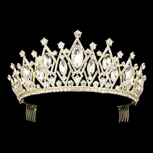 Gold Marquise Stone Accented Princess Tiara is exquisitely crafted with a marquise-cut stone set in a sleek metal band, this timeless piece adds a touch of classic elegance to any special occasion. Perfect for bringing a touch of regal elegance, shimmer and shine on your wedding day, Prom, Sweet 16, Quincenera, Novia