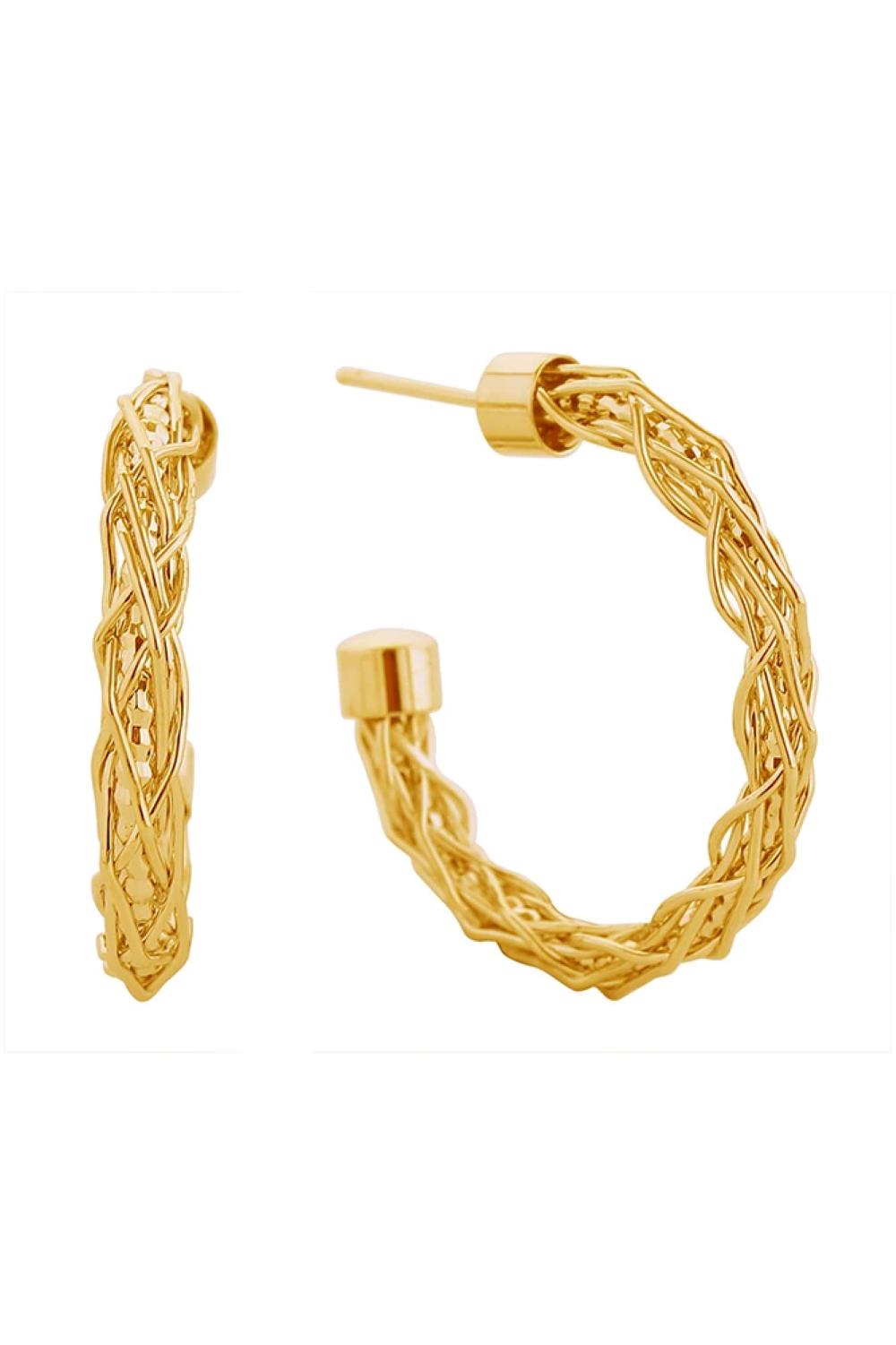 Gold Elegant 14K braided open hoop post earrings featuring a timeless design with a 3cm diameter. Crafted from hypoallergenic brass, these earrings are perfect for sensitive skin and everyday wear. Lead and nickel compliant for safety and peace of mind. The open hoop design adds a modern touch while the braided detailing brings sophistication to any look.