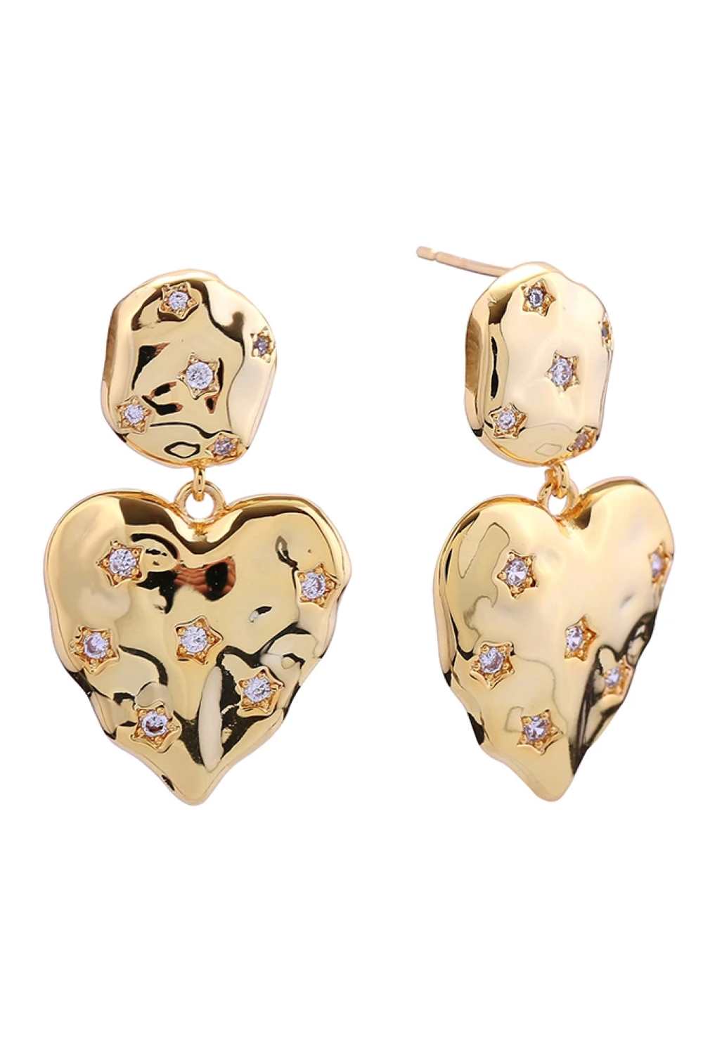 Gold Elevate your everyday elegance with these stunning 14K Gold/White Dipped Crinkle Heart Pave CZ Post Earrings. Crafted from quality brass and adorned with sparkling cubic zirconia pavé detailing, these earrings deliver timeless sophistication with a modern twist. Measuring 3.5cm in diameter, they're the perfect size for making a statement without overwhelming your look.