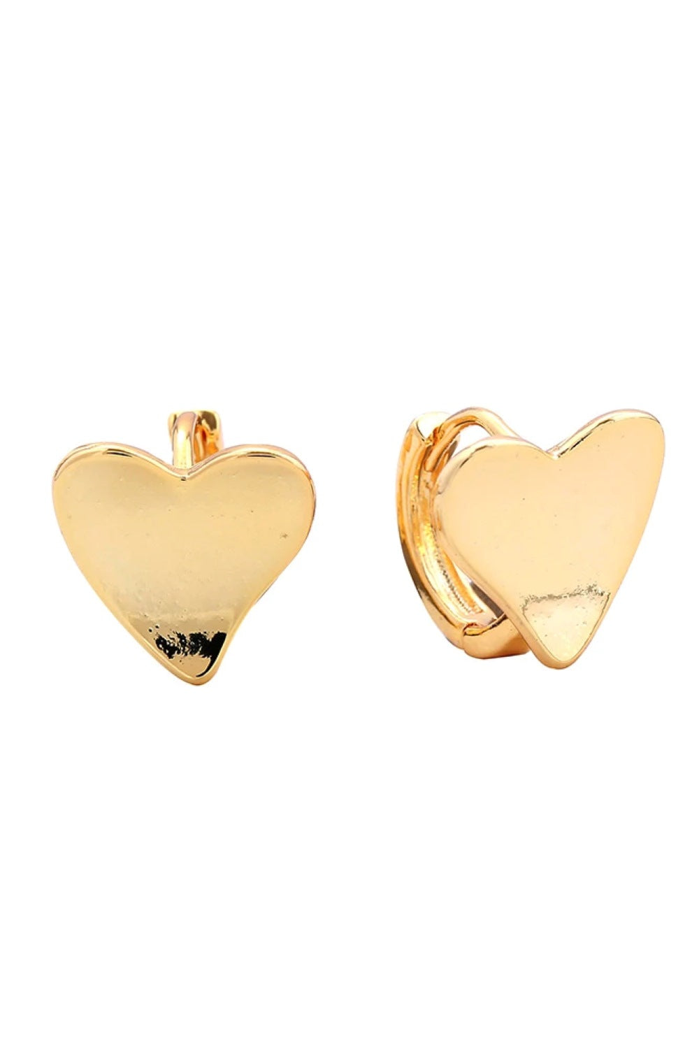 Gold Delicate crushed heart post earrings crafted in brass with 14K gold and white dipping. Each earring measures 1.4cm in diameter, offering a subtle yet striking statement piece. Hypoallergenic design ensures comfortable all-day wear, while lead and nickel compliance guarantees safety and peace of mind. Perfect for everyday elegance or layering with other styles.