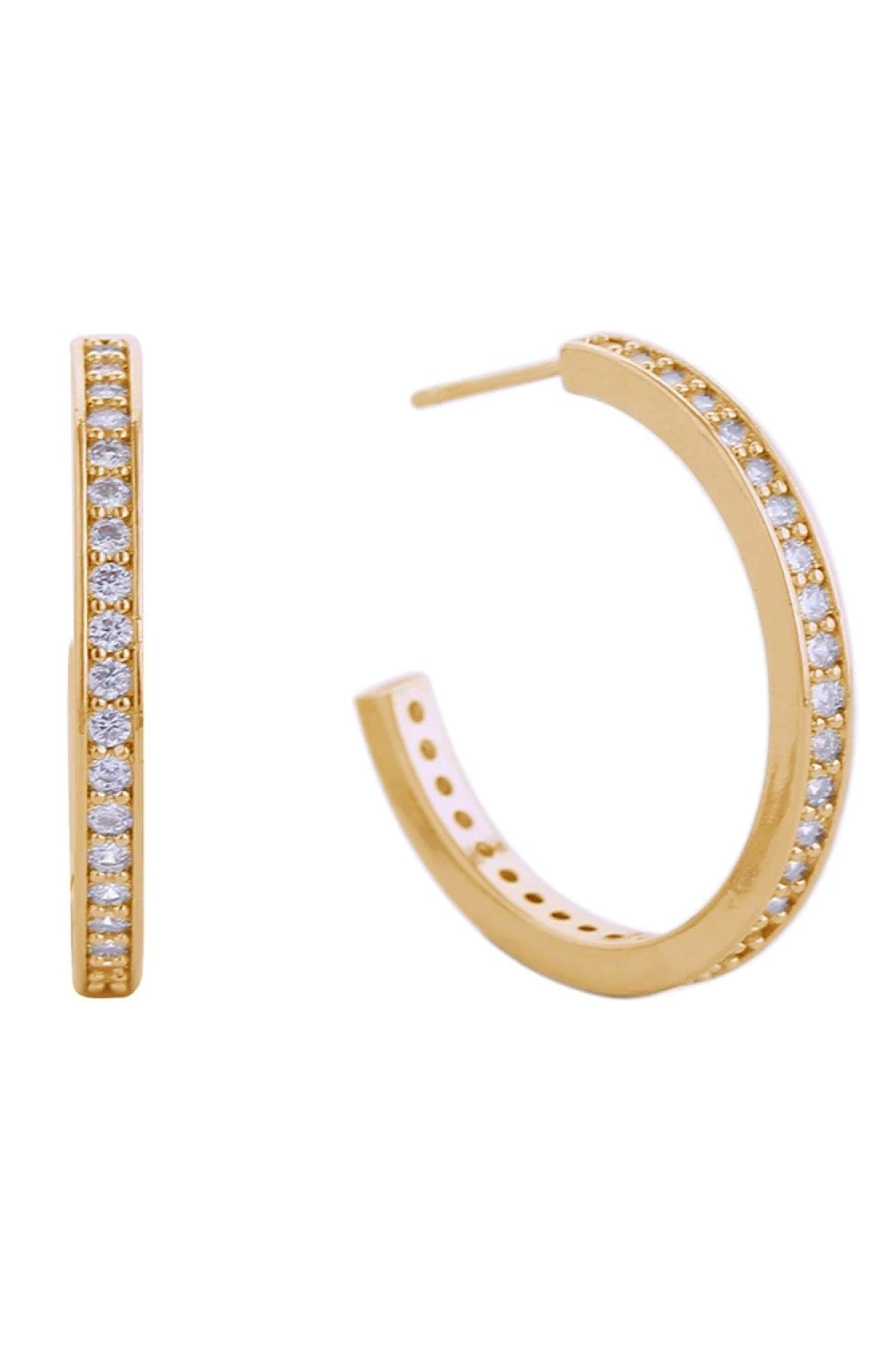 Gold Elevate your everyday look with these stunning 14K Daily CZ Pave Hoop Post Earrings. Crafted from hypoallergenic brass, they feature brilliant cubic zirconia pavé detailing that catches the light beautifully. Perfect for sensitive skin, these earrings are lead and nickel compliant, ensuring comfort and safety for all-day wear. The classic hoop silhouette with post backing offers timeless style and secure fit. A versatile essential that transitions seamlessly from casual to dressed-up occasions.