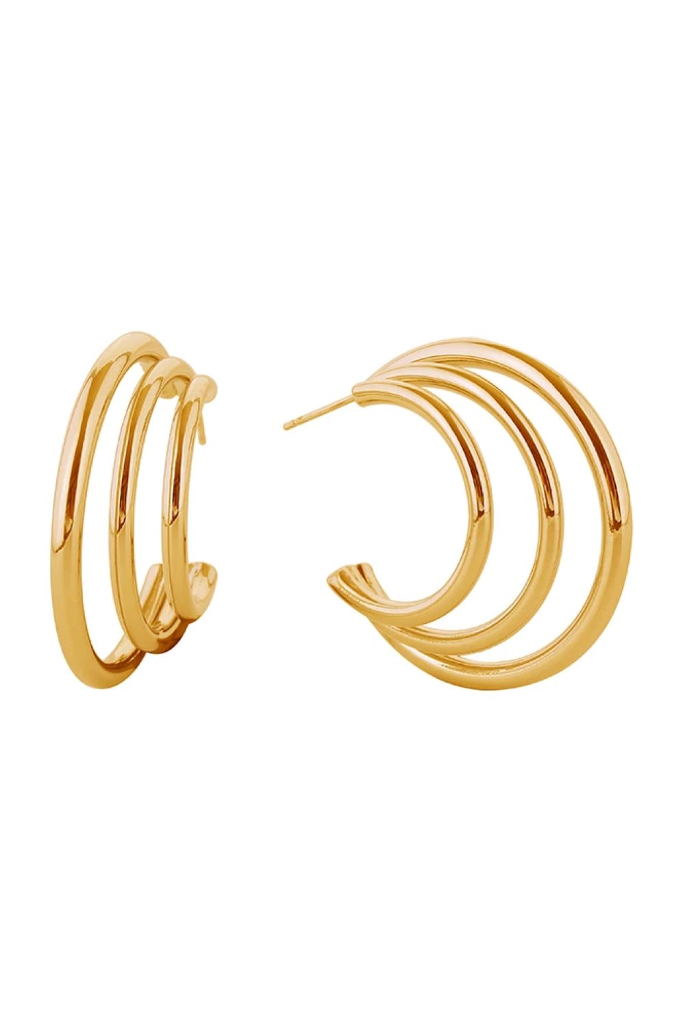 Gold Elegant double wire post earrings crafted in brass with 14K gold or white gold dipping. Measuring 3.5cm in diameter, these lightweight hoops offer a modern, minimalist aesthetic perfect for everyday wear or special occasions. Hypoallergenic construction ensures comfort for sensitive ears. Lead and nickel compliant for safety and peace of mind. Expertly made in Korea with attention to quality craftsmanship. A versatile addition to any jewelry collection that transitions seamlessly from day to night.