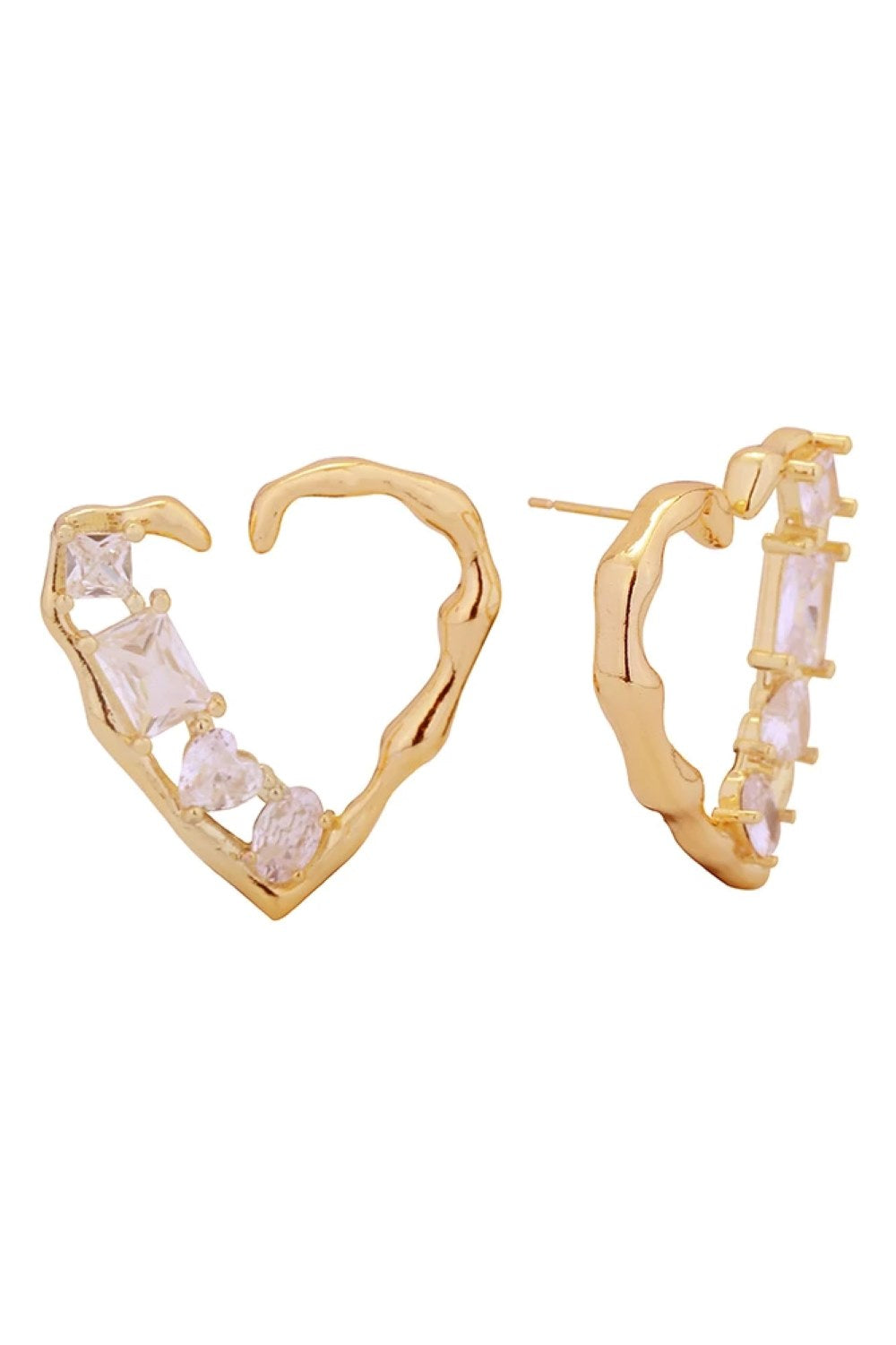 Gold Elegant post earrings featuring a heart design adorned with sparkling cubic zirconia pavé detailing. Crafted from brass with 14K gold and white dipping for a luxurious finish. Hypoallergenic construction makes them ideal for sensitive ears. Each earring measures 2.8cm in diameter. Lead and nickel compliant for safe, worry-free wear. Perfect for everyday elegance or special occasions.