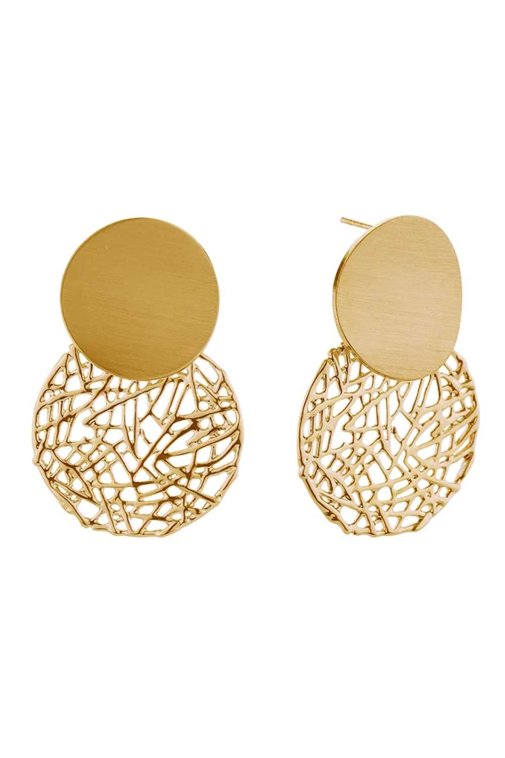 Gold Elegant 14K gold and white gold dipped hollow out button post earrings crafted from hypoallergenic brass. These timeless pieces feature a delicate cutout design with a generous 4cm diameter, making them a versatile statement accessory. Lead and nickel compliant for sensitive skin. Expertly made in Korea with quality craftsmanship you can trust.