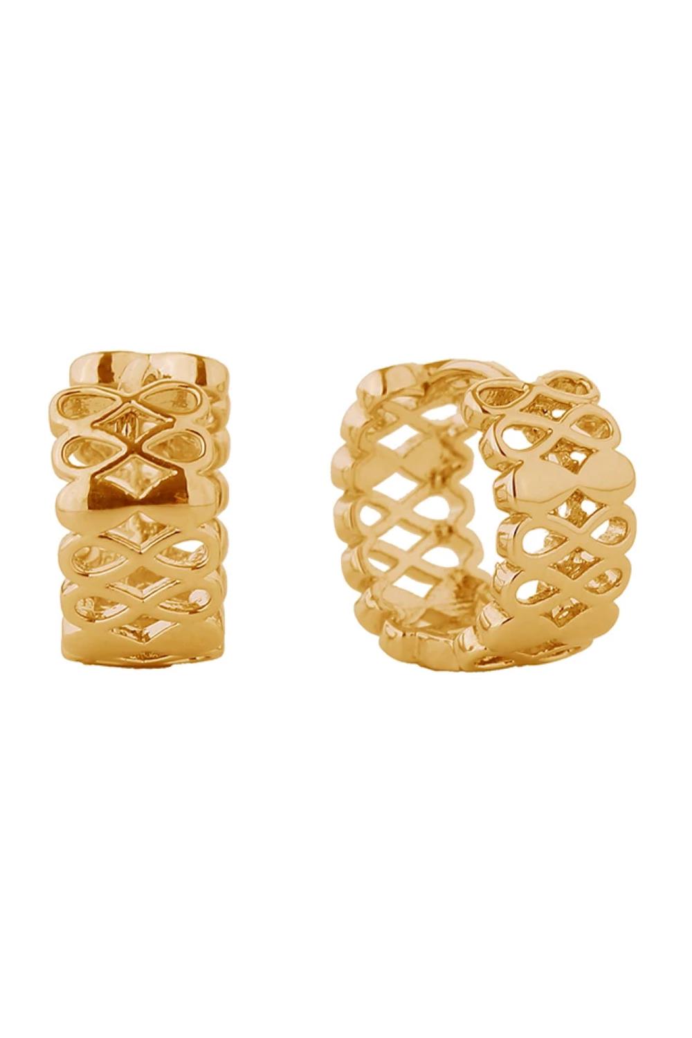 Gold Delicate infinity-inspired huggie hoops crafted in brass with 14K gold and white gold dipping. These hypoallergenic earrings feature a petite 1.3cm diameter, perfect for everyday elegance. Lead and nickel compliant for sensitive skin. Expertly made in Korea.