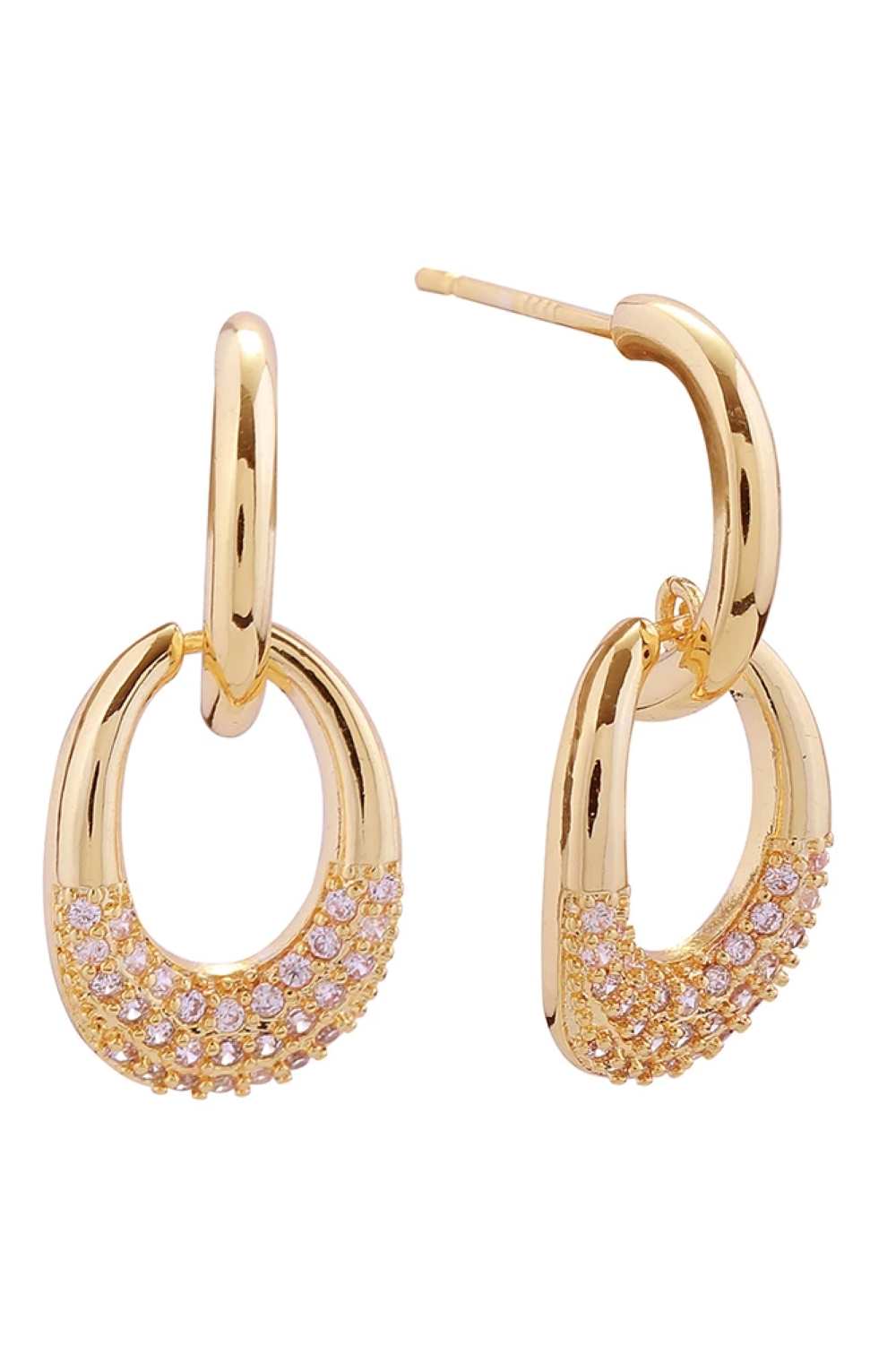 Gold Elegant 14K gold and white dipped post earrings featuring sparkling cubic zirconia pavé detailing. The lucky drop design measures 2.6cm in diameter, offering a delicate yet eye-catching look. Crafted from hypoallergenic brass with CZ stones, these earrings are lead and nickel compliant for safe, comfortable everyday wear. Perfect for adding a touch of sophistication to any outfit.