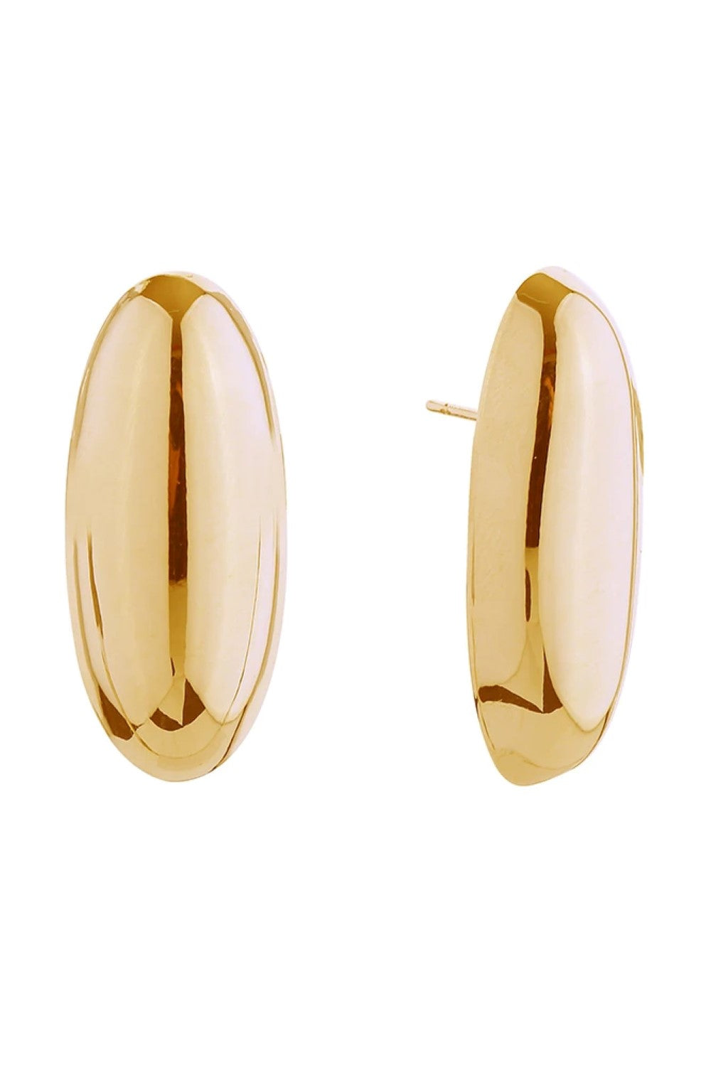 Gold Elegant 14K oval mirror dome post earrings featuring a polished, reflective finish that catches light beautifully. Crafted from hypoallergenic brass, these earrings are gentle on sensitive skin and compliant with lead and nickel-free standards for safe, everyday wear. With a generous 3.3cm diameter, they make a sophisticated statement while remaining comfortable for extended wear. Perfect for adding a touch of glamour to any occasion.