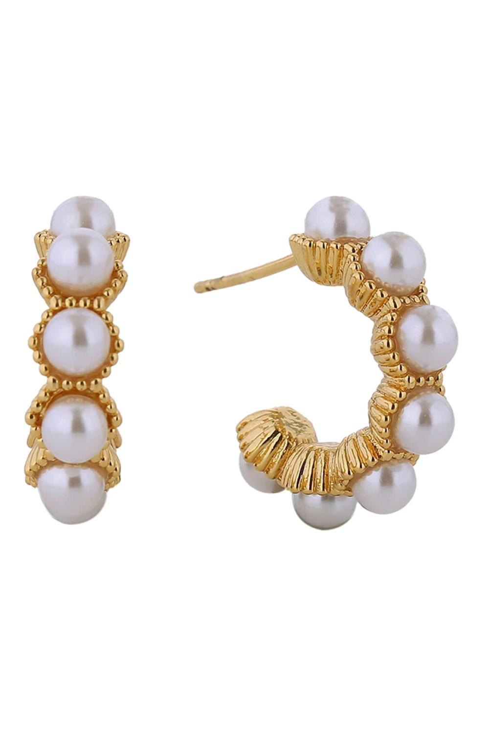 Gold Elegant post earrings featuring lustrous pearl accents with a delicate 14K gold or white gold dip finish. Each earring measures 2cm in diameter, offering a refined, understated look that complements any style. Crafted from hypoallergenic brass, these earrings are gentle on sensitive skin and fully lead and nickel compliant for peace of mind. Expertly made in Korea with attention to quality and detail.