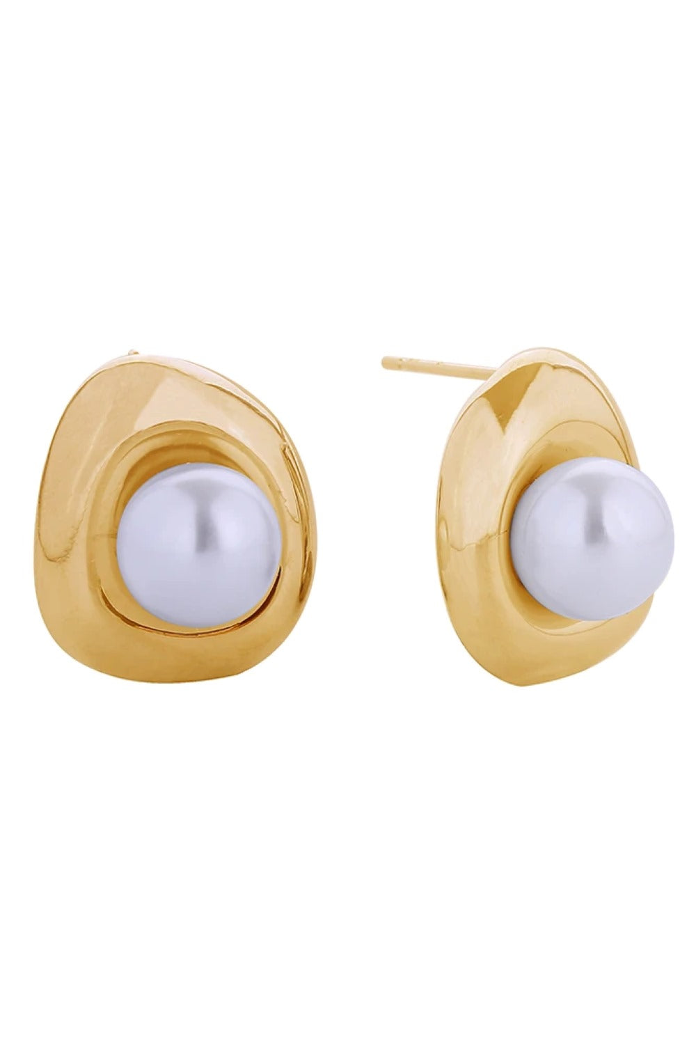 Gold Elegant pearl orbit post earrings crafted with 14K gold and white gold dipping. Each earring measures 2.3cm and features lustrous pearls set in a modern geometric design. Made from hypoallergenic brass, these earrings are safe for sensitive skin and fully lead and nickel compliant. Handcrafted in Korea with attention to detail, they're perfect for everyday wear or special occasions.