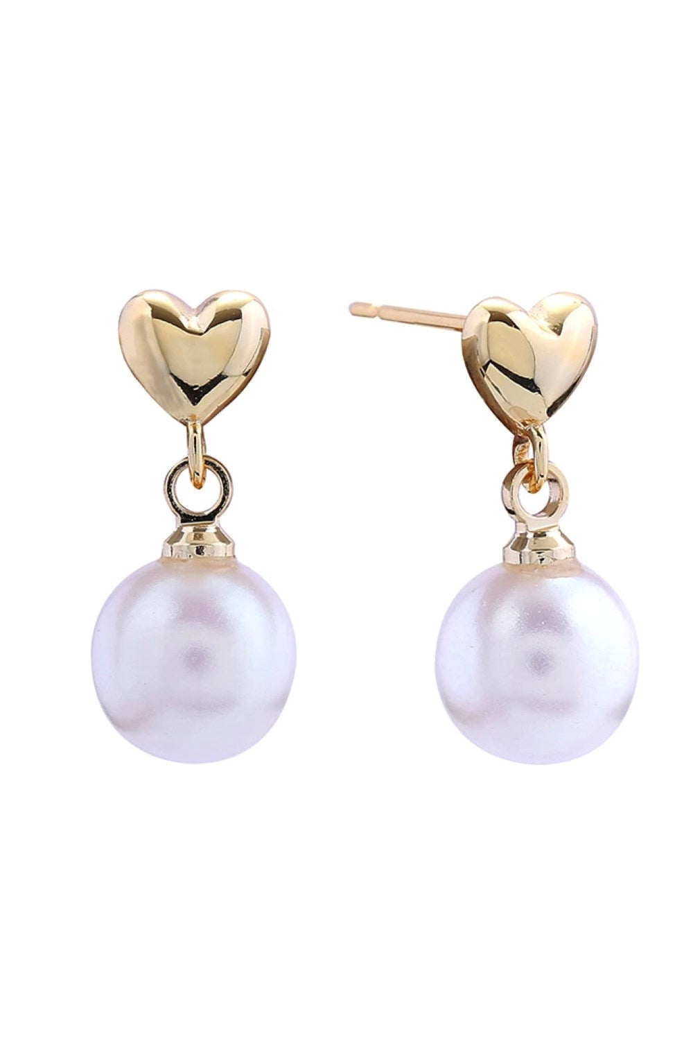 Gold Delicate pearly heart post earrings crafted in brass with 14K gold and white dipping. Each earring measures 1.6cm in diameter, offering a subtle yet elegant statement. Hypoallergenic design makes them perfect for sensitive skin. Lead and nickel compliant for safe, worry-free wear. An understated piece that transitions effortlessly from day to evening.