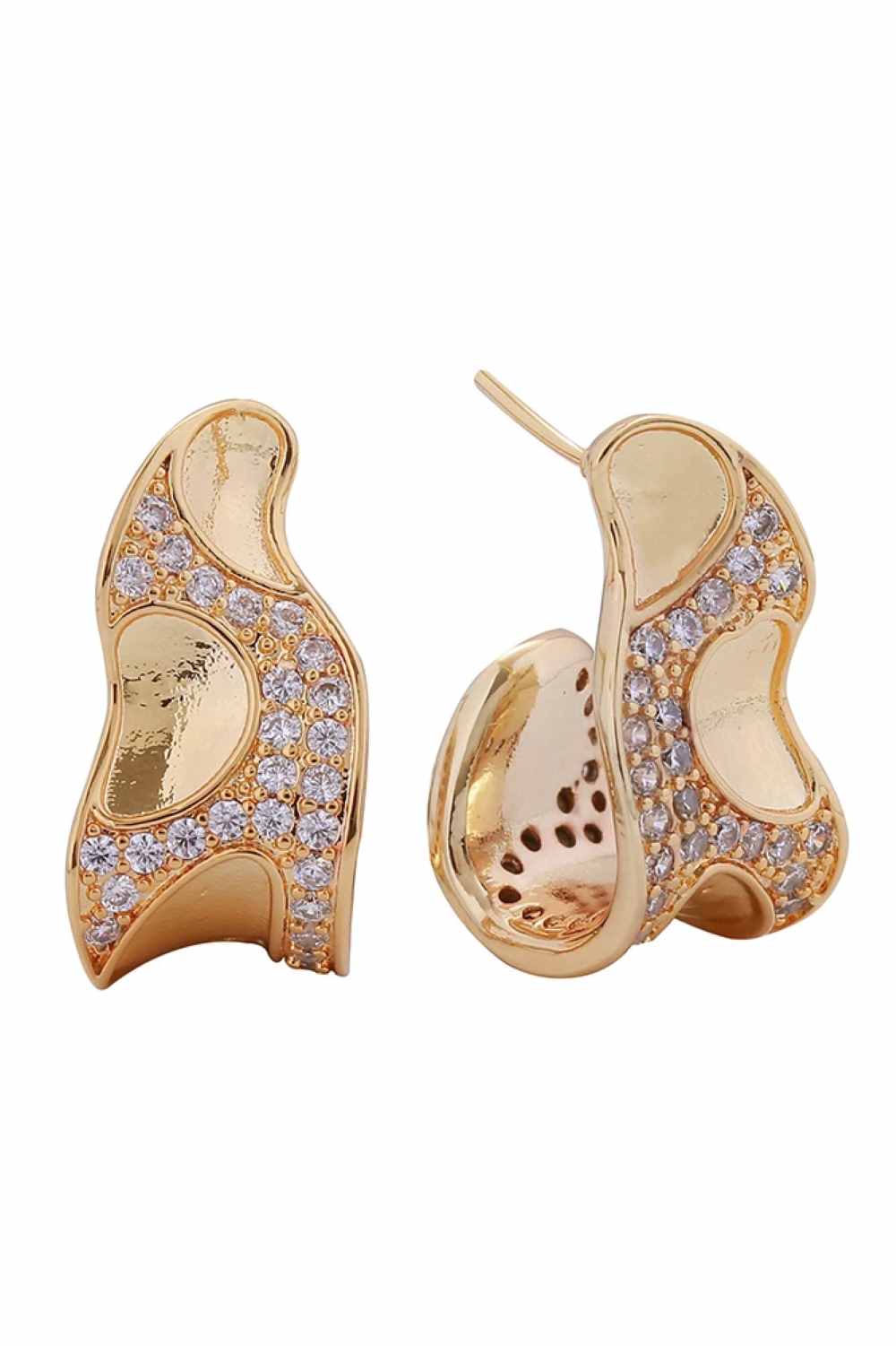Gold Elegant post earrings featuring a classic Peretti Tide design with sparkling cubic zirconia pavé detailing. Crafted from brass with 14K gold and white dipping for a luxurious finish. Each earring measures 2cm in diameter, offering a refined statement without overwhelming the ear. Hypoallergenic construction makes these earrings suitable for sensitive skin. Fully compliant with lead and nickel regulations, ensuring safe, worry-free wear. Perfect for everyday elegance or special occasions.