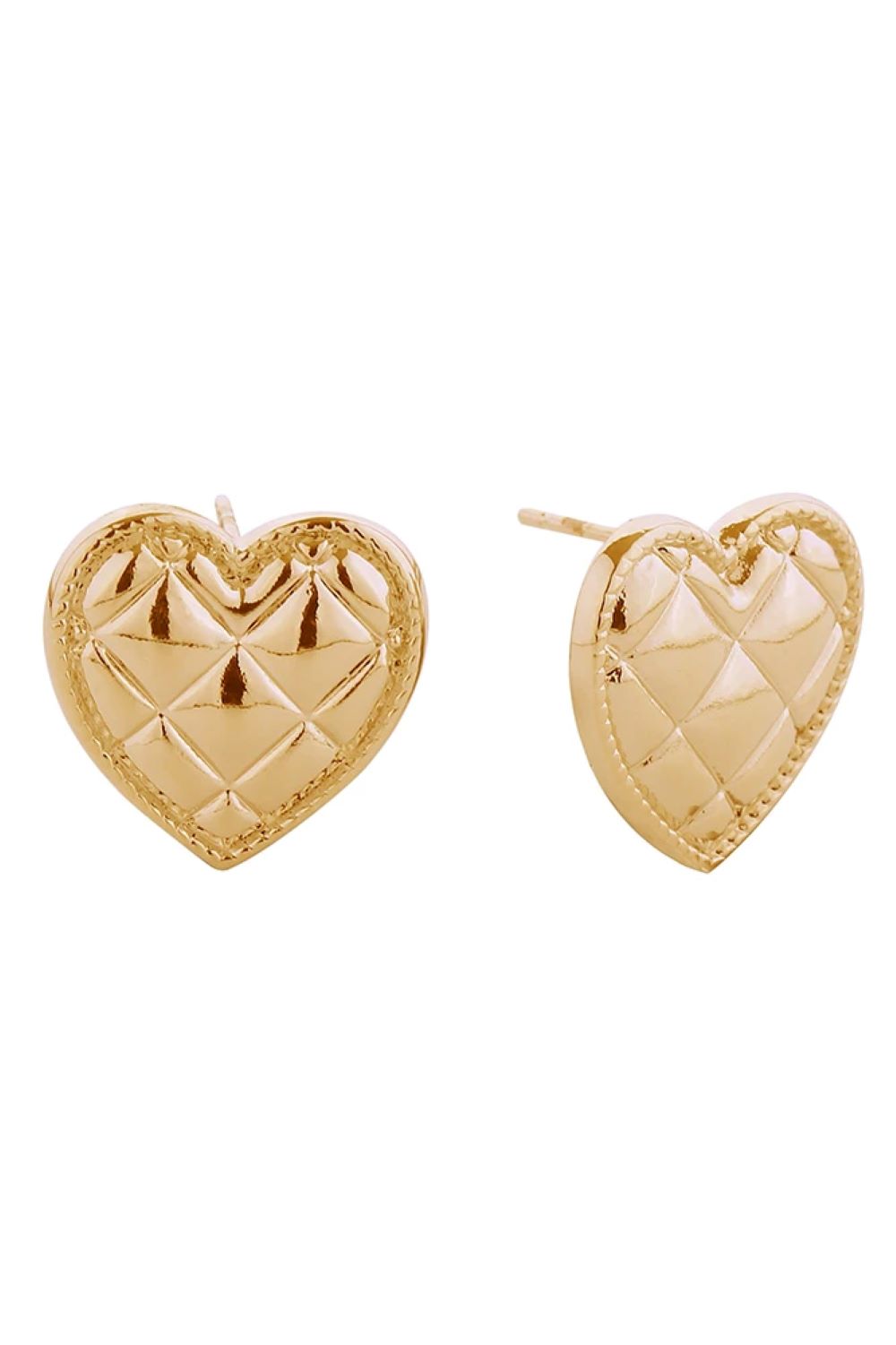 Gold Delicate quilted heart studs crafted in brass with a hypoallergenic finish. Each earring measures 1.5cm in diameter, perfect for everyday elegance. Lead and nickel compliant for sensitive skin. A timeless addition to any jewelry collection.