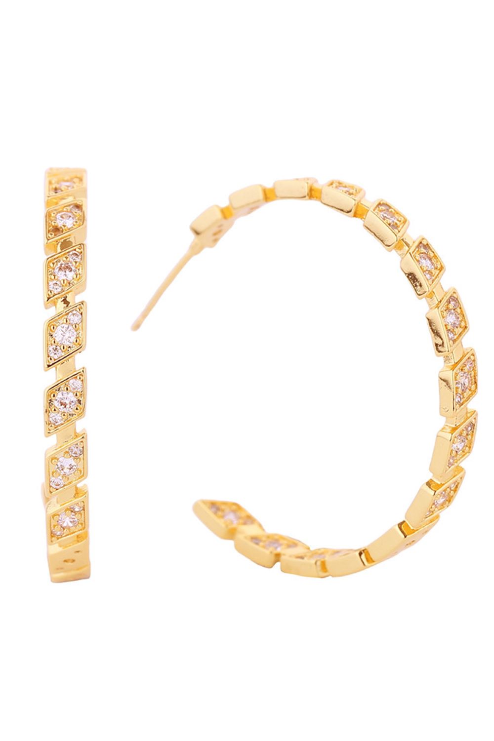 Gold Elevate your everyday elegance with these stunning 14K Gold and White Gold dipped Rhombus Eternity Hoop Earrings. Crafted with precision in Korea, these 4cm hoops feature shimmering cubic zirconia stones set in a timeless rhombus pattern that catches light beautifully from every angle. Perfect for both casual days and special occasions, these versatile hoops add instant sophistication to any outfit.