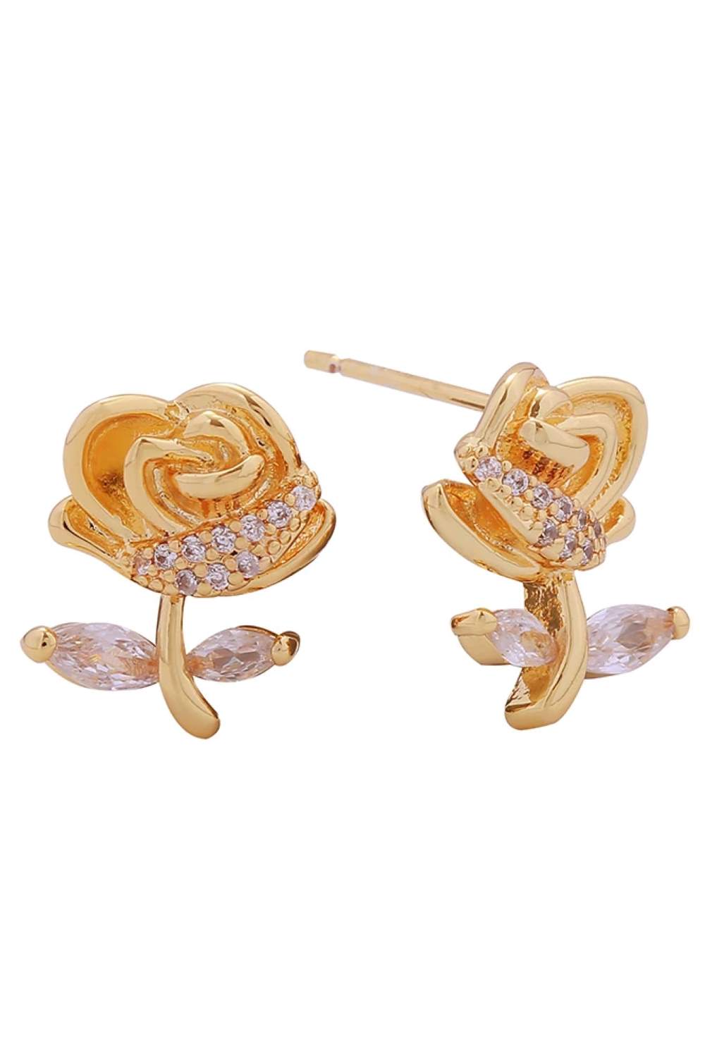 Gold Elegant post earrings featuring a romantic rose design adorned with sparkling cubic zirconia pavé detailing. Crafted from brass with a luxurious 14K gold and white dipped finish, these hypoallergenic earrings are perfect for sensitive skin. Each earring measures 1.3cm in diameter, offering a delicate yet eye-catching look. Lead and nickel compliant for safe, worry-free wear. An ideal choice for everyday elegance or special occasions.