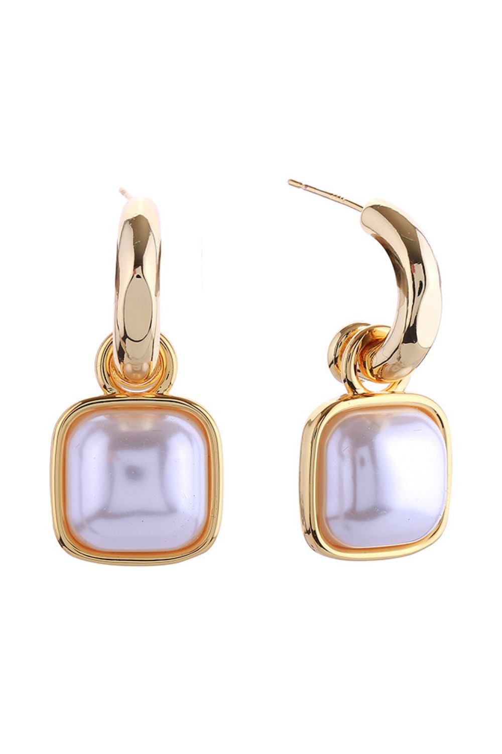Gold Elegant square pearl drop post earrings crafted with 14K gold and white dipped brass. Each earring measures 3.7cm in diameter, featuring lustrous pearls that catch the light beautifully. Hypoallergenic design makes them perfect for sensitive ears. Lead and nickel compliant for safe, worry-free wear. A timeless addition to any jewelry collection.