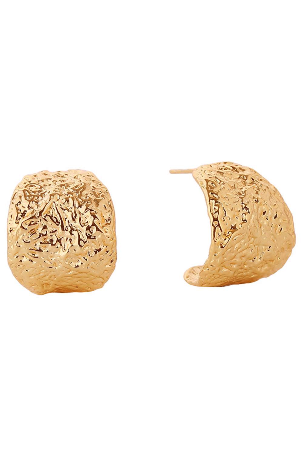Gold Elegant textured hoop post earrings crafted in brass with 14K gold and white gold dipping. These hypoallergenic studs measure 2.1cm and are designed for sensitive ears. Lead and nickel compliant for safe, everyday wear. Expertly made in Korea, they combine timeless style with quality craftsmanship.