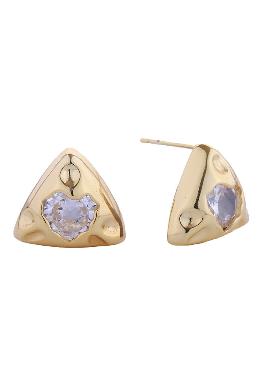 Gold Elegant triangle heart studs crafted in brass with a luxurious 14K gold and white dip finish. Adorned with sparkling cubic zirconia pavé detailing for timeless sophistication. Each earring measures 1.6cm in diameter, offering the perfect balance of presence and wearability. Hypoallergenic posts ensure comfort for sensitive ears. Lead and nickel compliant for peace of mind. A versatile addition to any jewelry collection.