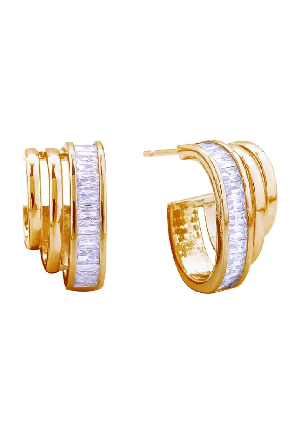 Gold Elevate your everyday look with these stunning 14K Gold/White Dipped Trio Hoop Pave CZ Post Earrings. Crafted from quality brass and adorned with sparkling cubic zirconia pavé detailing, these versatile hoops offer timeless elegance with a modern twist. Measuring 1.8cm in diameter, they're the perfect size for comfortable all-day wear. The hypoallergenic post design makes them ideal for sensitive ears, while lead and nickel compliance ensures safety and peace of mind. Whether you're dressing up for a s