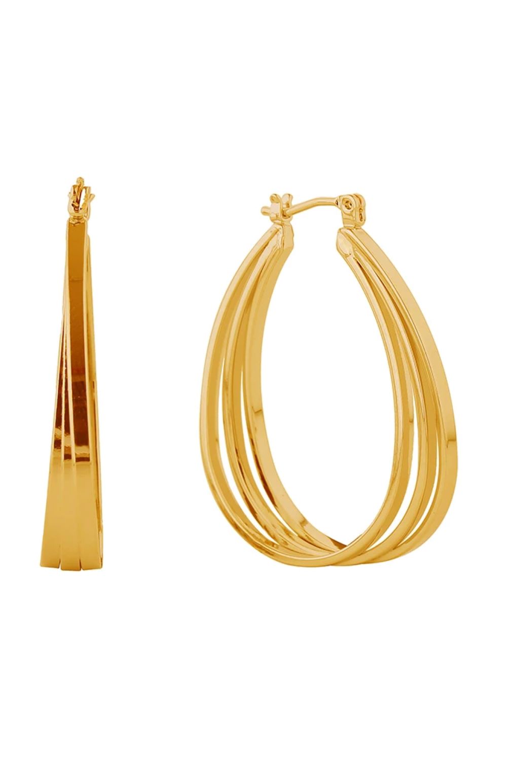 Gold Elevate your everyday look with these stunning 14K Gold/White Gold dipped triple oval hoop pincatch earrings. Crafted from hypoallergenic brass and made in Korea, these earrings combine elegance with comfort for all-day wear. Featuring three interlocking oval hoops with a 4cm diameter, they offer a modern geometric design that works beautifully with any style.