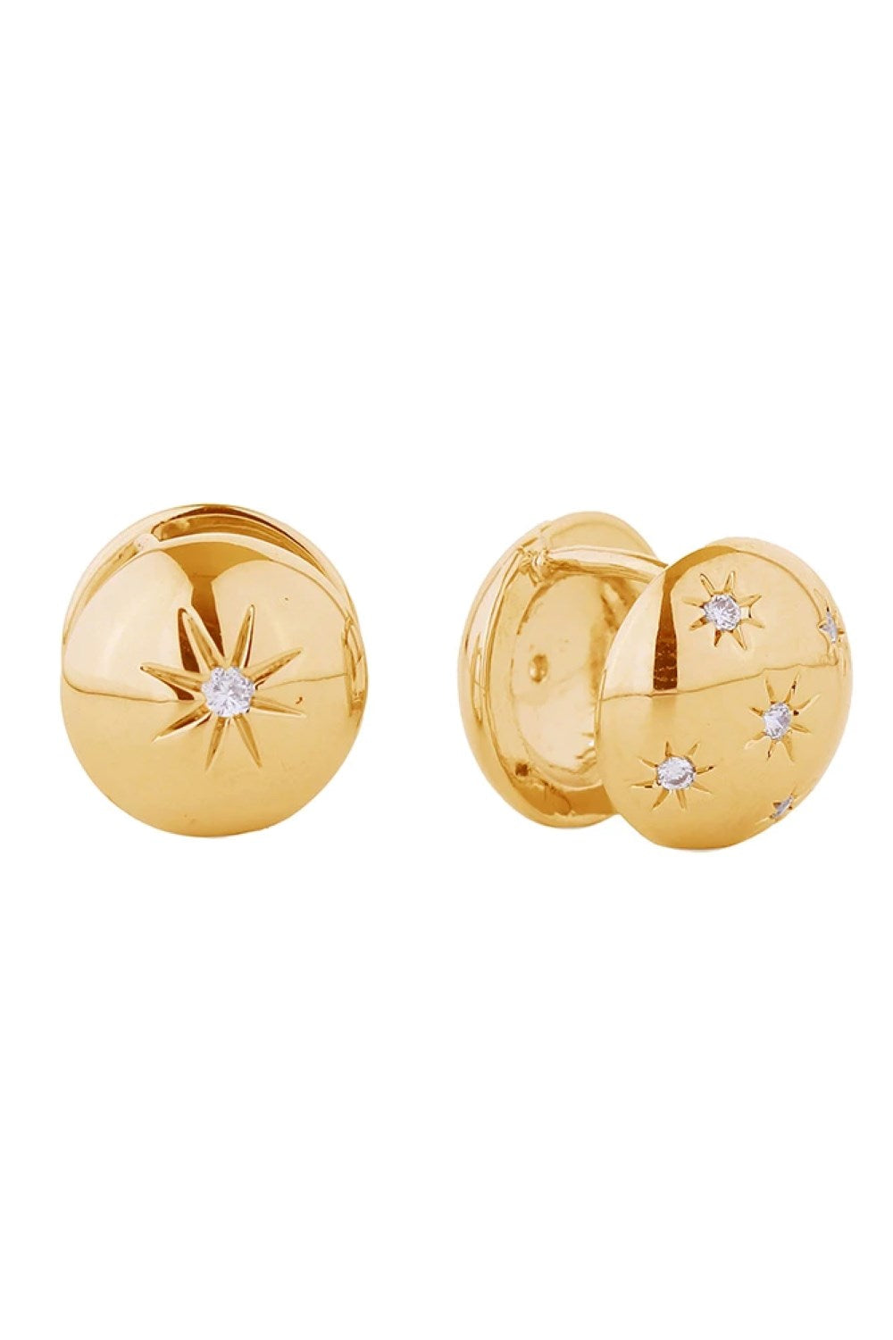 Gold Elegant Victorian-inspired star huggie earrings crafted in brass with 14K gold and white gold dipping. Featuring sparkling cubic zirconia stones, these petite 1cm diameter earrings offer timeless charm with a modern twist. Hypoallergenic design is lead and nickel compliant for sensitive skin. Expertly made in Korea, they're the perfect everyday luxury piece.