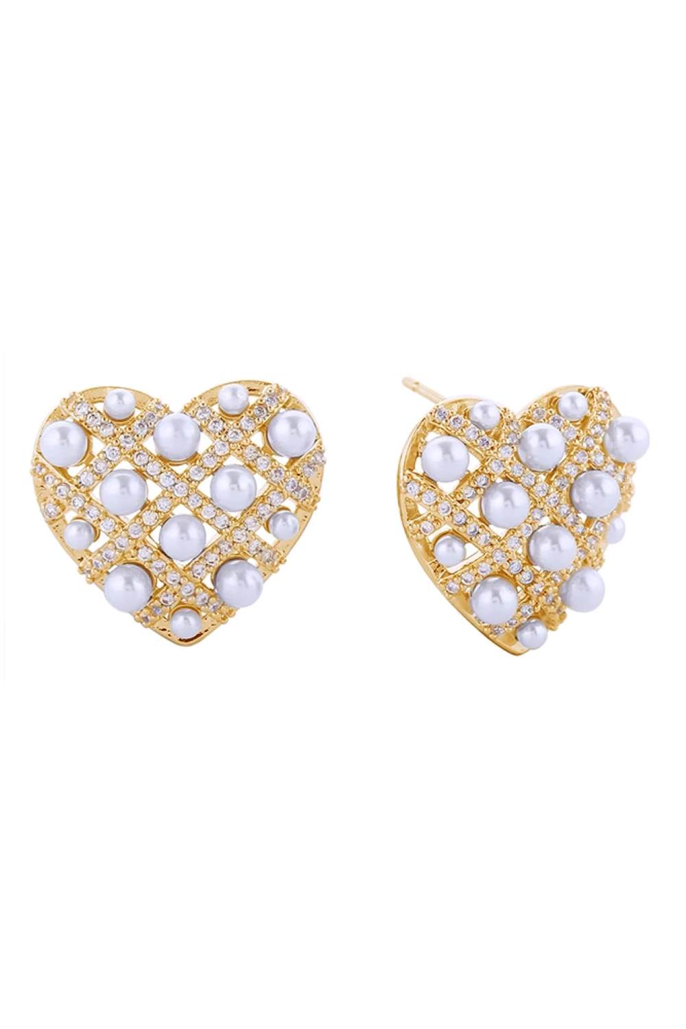 Gold Elegant heart-shaped post earrings featuring a delicate woven design with cubic zirconia and pearl accents. Crafted from hypoallergenic brass with 14K gold and white gold dipping for a luxurious finish. Each earring measures 1.8cm in diameter, perfect for everyday wear or special occasions. Lead and nickel compliant for sensitive skin. Expertly made in Korea.