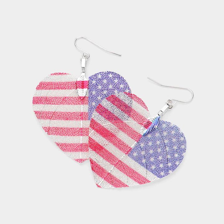 Gold, Multi Show your patriotic spirit with these heart-shaped USA flag hook earrings. Lightweight and bold, they add a fun, festive accent perfect for celebrations, holidays, or everyday wear when you want to display your love for freedom.