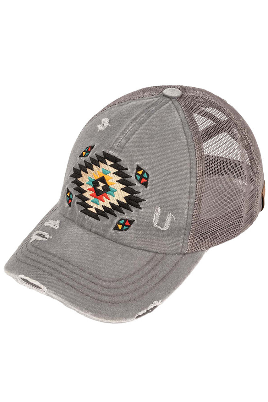 Gray C.C AZTEC PATCH DISTRESSED PONY CAP is a stylish and versatile accessory that combines functionality with fashion. Made of high-quality materials, it features an eye-catching aztec patch design and a distressed finish for a trendy look. Stay protected from the sun and add a touch of personality to your outfit with this must-have cap.