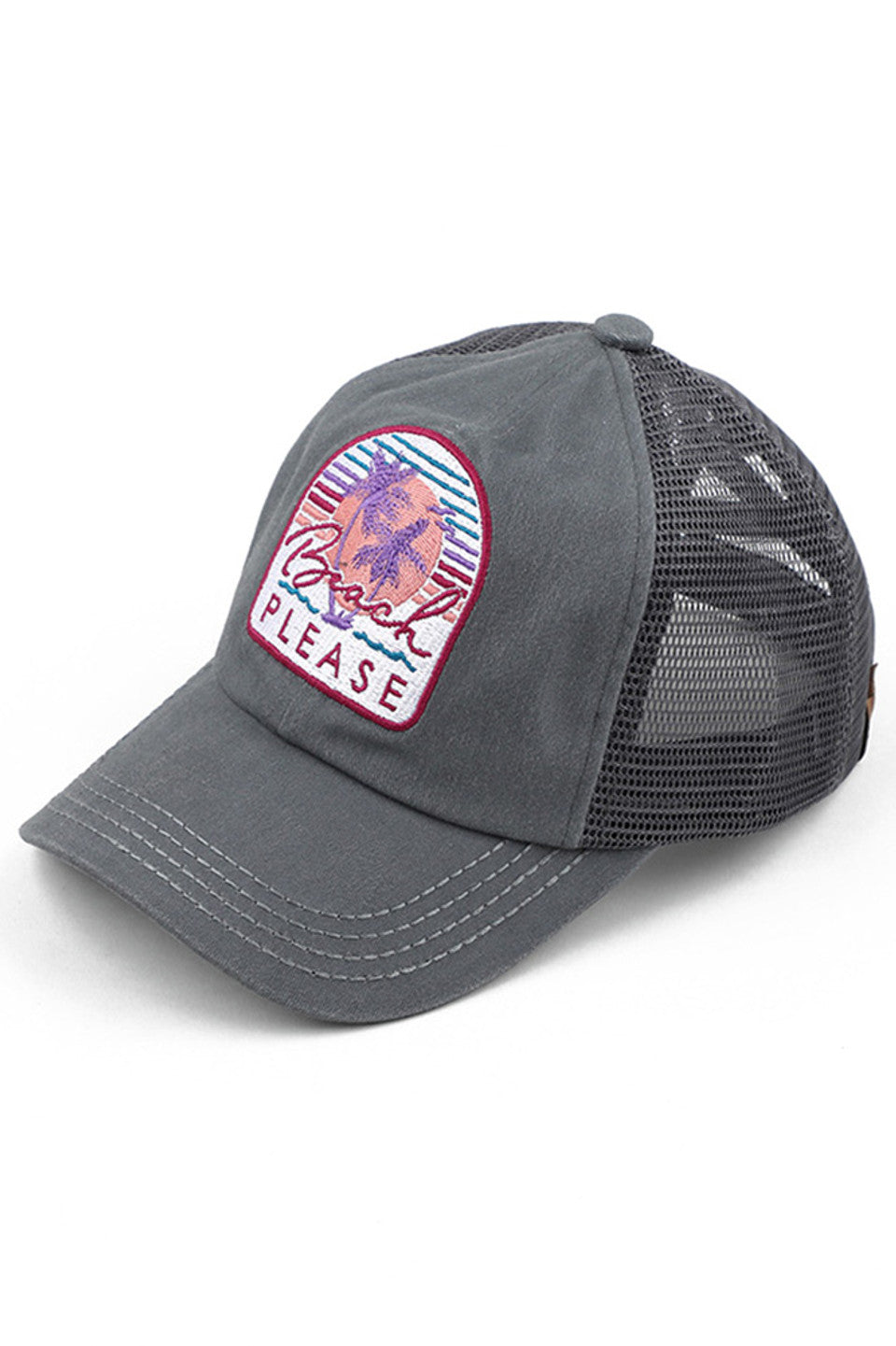 Gray C.C BEACH PLEASE CRISS CROSS PONY CAP is your ultimate beach companion. The crisscross design adds a stylish touch to this versatile cap, perfect for keeping your ponytail in place while enjoying your day in the sun. Made with high-quality materials, this cap provides a snug fit for all-day comfort.