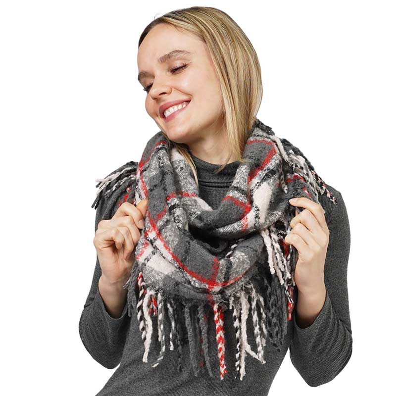 Gray Plaid Check Patterned Fringe Infinity Scarf, is delicate, warm, on-trend & fabulous, and a luxe addition to any cold-weather ensemble. This scarf combines great fall style with comfort and warmth. It's a perfect weight and can be worn to complement your outfit. Perfect gift for birthdays, holidays, or any occasion.