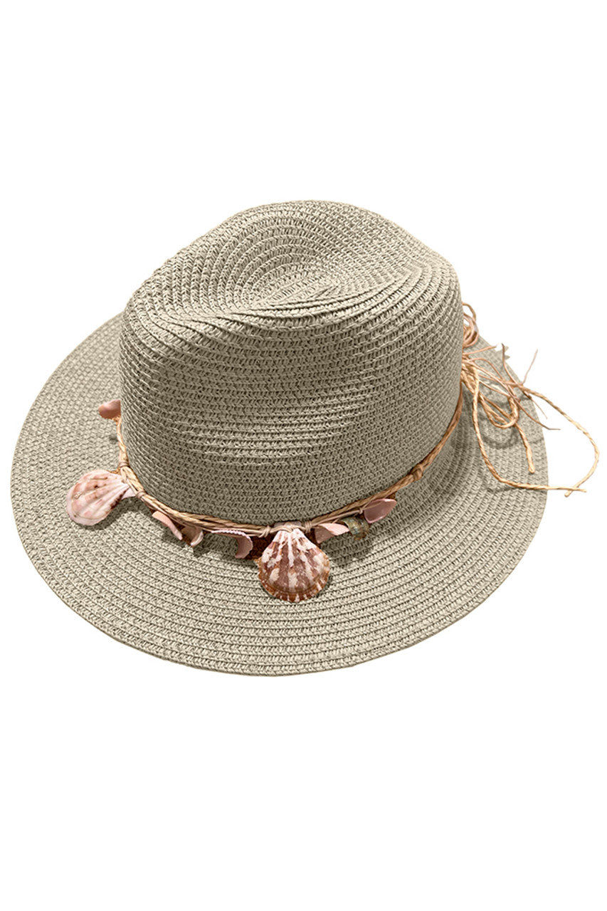 Gray String with Sea Shell Trim Panama Hat features a meticulous string trim embellished with carefully selected seashells. The traditional weaving technique ensures superior ventilation while maintaining structural resilience against humidity. The precisely angled brim provides calculated sun protection, while the natural materials create a harmonious balance between authentic craftsmanship and refined coastal elegance—ideal for the discerning wearer.