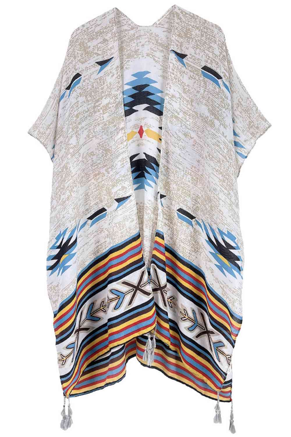 Gray Embrace bohemian elegance with this striking Aztec Pattern Print Tassel Kimono. Crafted from lightweight 100% polyester, this versatile piece features bold geometric patterns inspired by traditional Aztec designs, complete with decorative tassels for added flair. Perfect for layering over dresses, swimwear, or casual outfits, it offers effortless style and comfort. With generous dimensions of 35.4" x 35.4", it drapes beautifully on most body types. Ideal for beach days, festivals, or relaxed everyday w