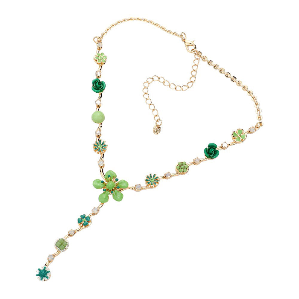 Green Enamel Flower Stone Embellished Y Choker Jewelry Set, This beautiful set offers a unique eye-catching piece crafted with quality materials for a striking addition to any look. The set is adorned with bright enamel flowers and glimmering stones for a chic and elegant look. Wear it and dazzle on any special occasion.