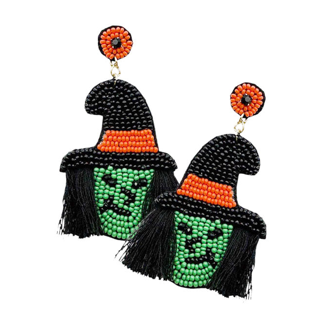Green-Neon Felt Back Tassel Seed Beaded Witch Dangle Earrings, are fun handcrafted jewelry that fits your lifestyle, adding a pop of pretty color. Enhance your attire with these vibrant artisanal earrings to show off your fun trendsetting style. Great gift idea for your Wife, Mom, or any family member.