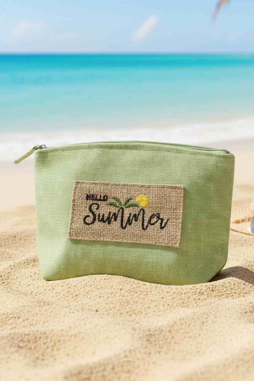 HELLO SUMMER Letter Palm Tree Patch Vintage Cosmetic Pouch - Green - Pouch Bag