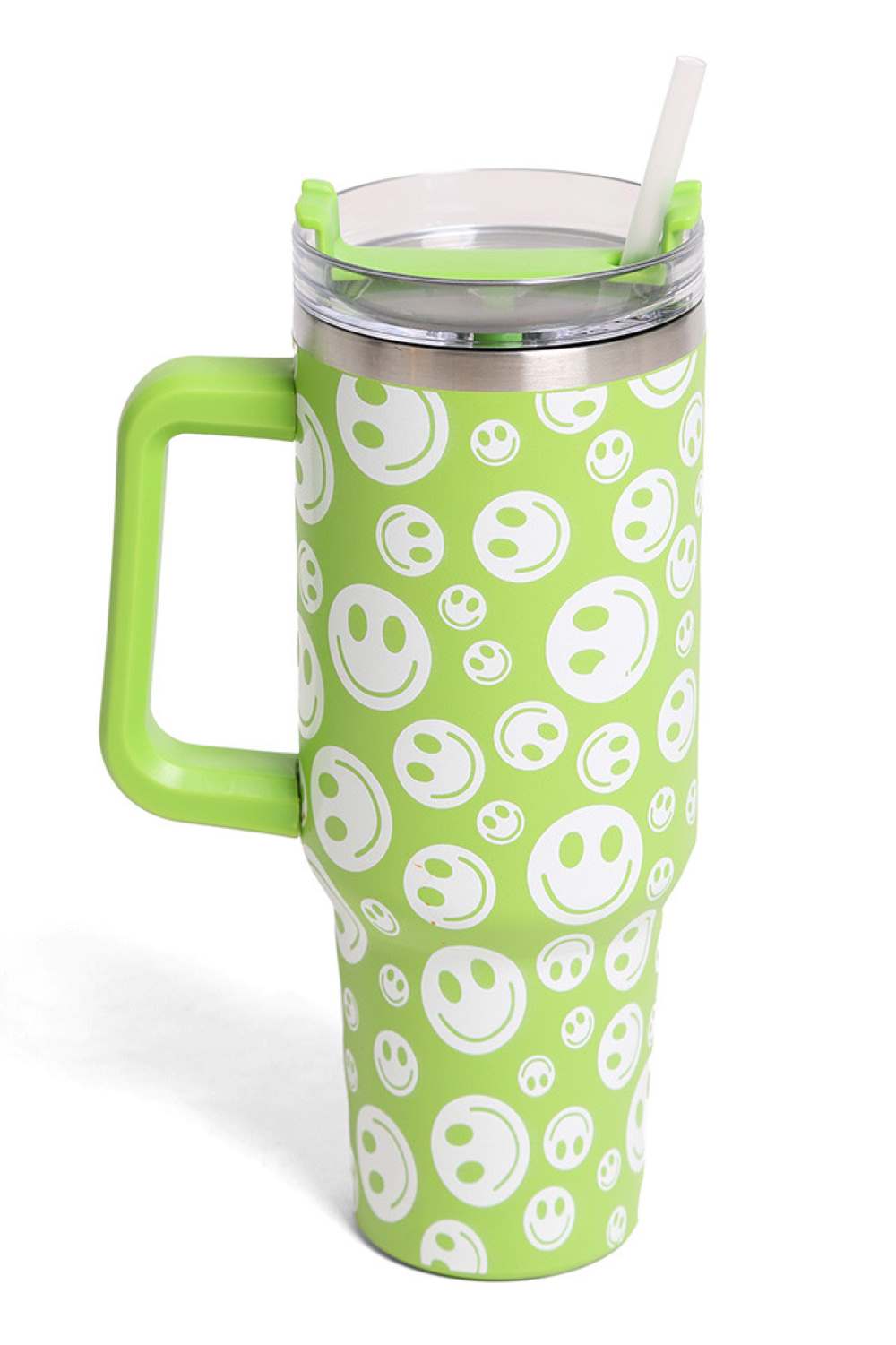 Green Keep your beverages at the perfect temperature with the Happy Face 40oz Handle Tumbler. This double-wall stainless steel design maintains hot drinks hot and cold drinks cold for hours. The convenient handle makes it easy to carry on the go, while the cheerful happy face design adds a playful touch to your daily routine. At 1200ml capacity, it's ideal for all-day hydration. BPA-free construction ensures safe, worry-free drinking. Perfect for work, travel, or everyday use.