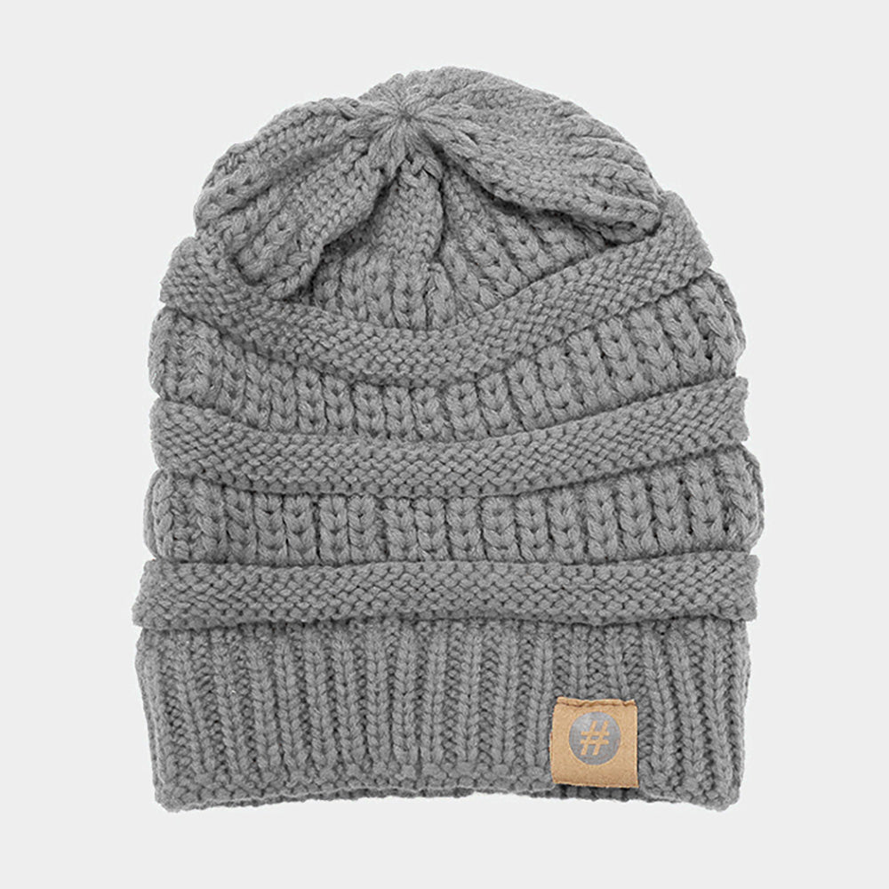 Gray Solid Knitted Hashtag Beanie Hat