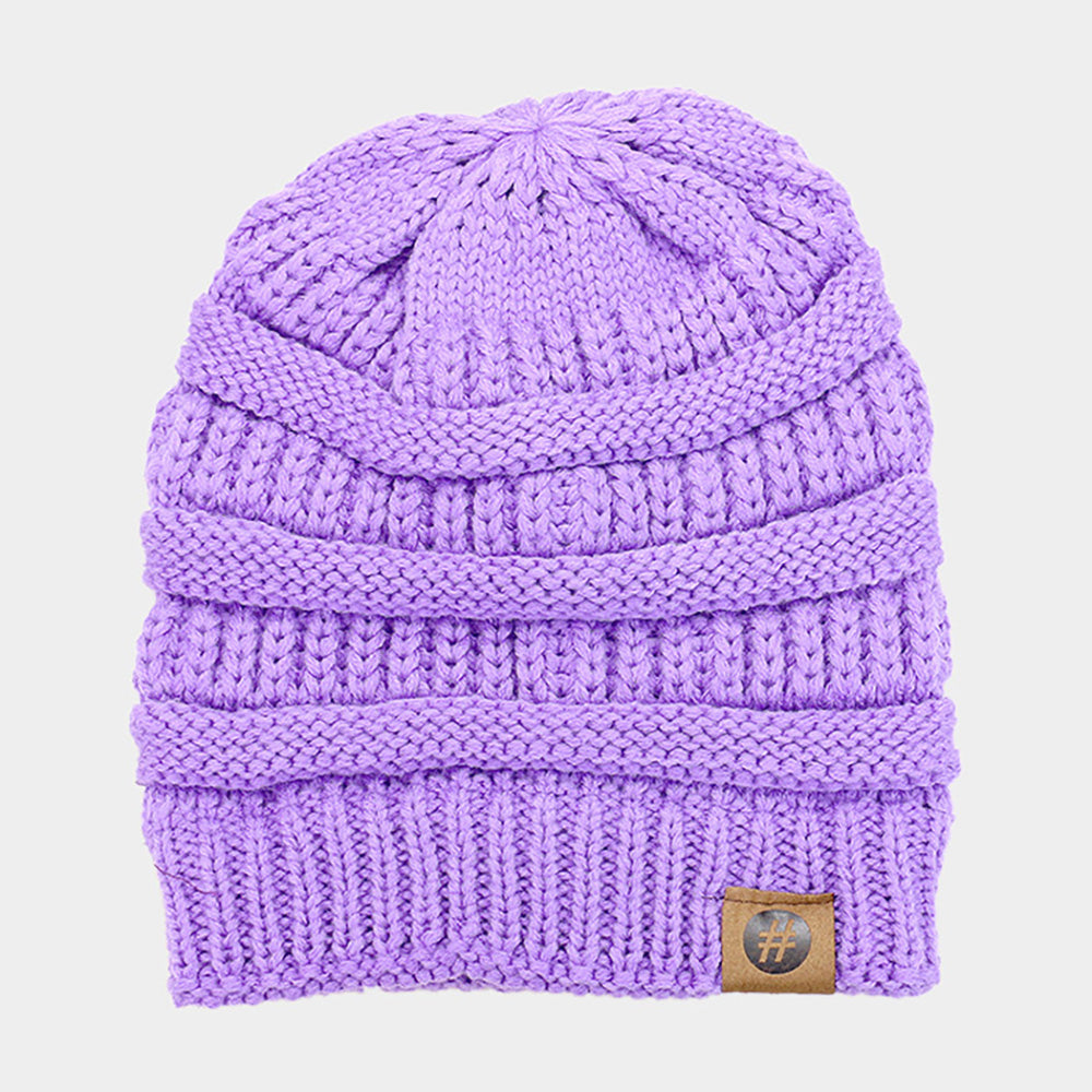 Purple Solid Knitted Hashtag Beanie Hat