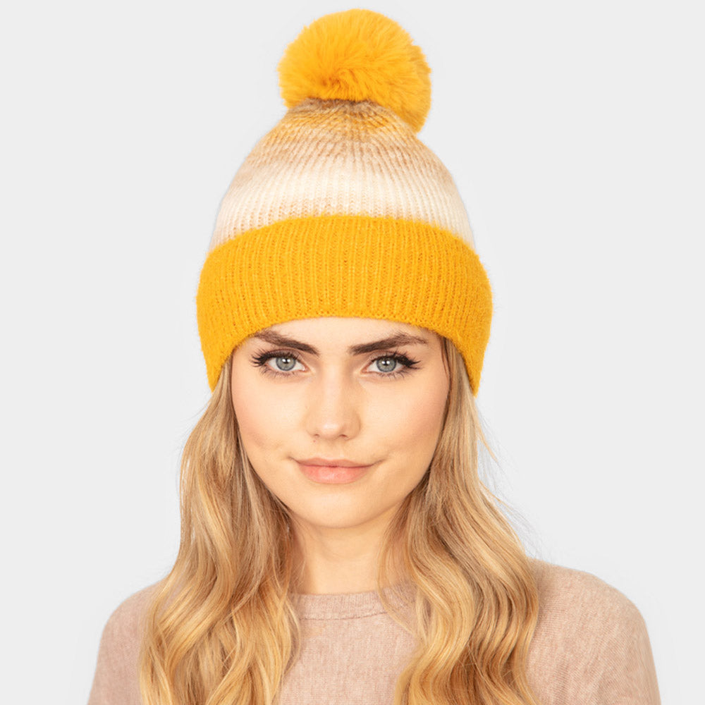 Mustard Tie Dye Fleece Pom Pom Beanie Hat