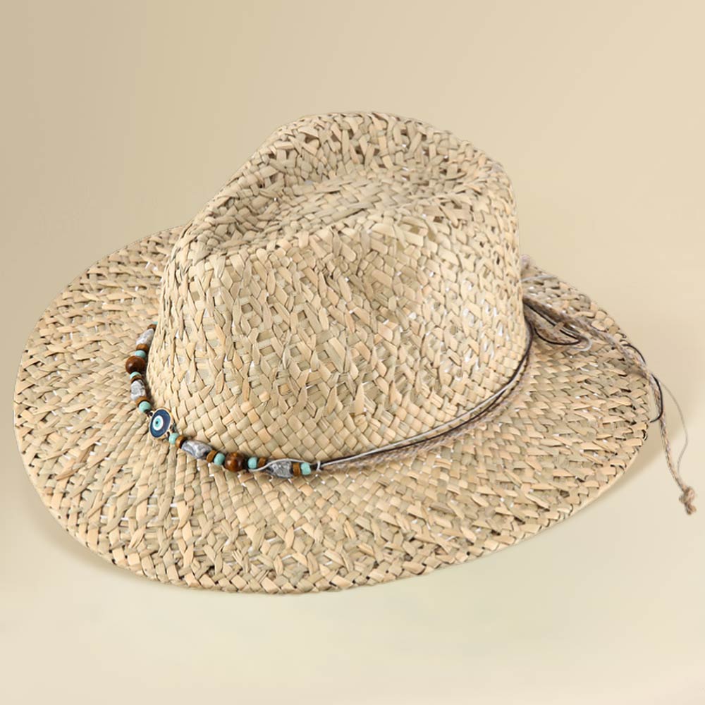 Madeline Love Beige Boho Evil Eye Accent Beaded Beaded Band Breathable Woven Western Summer Cowboy Fedora Sun Hat - Hats - desc