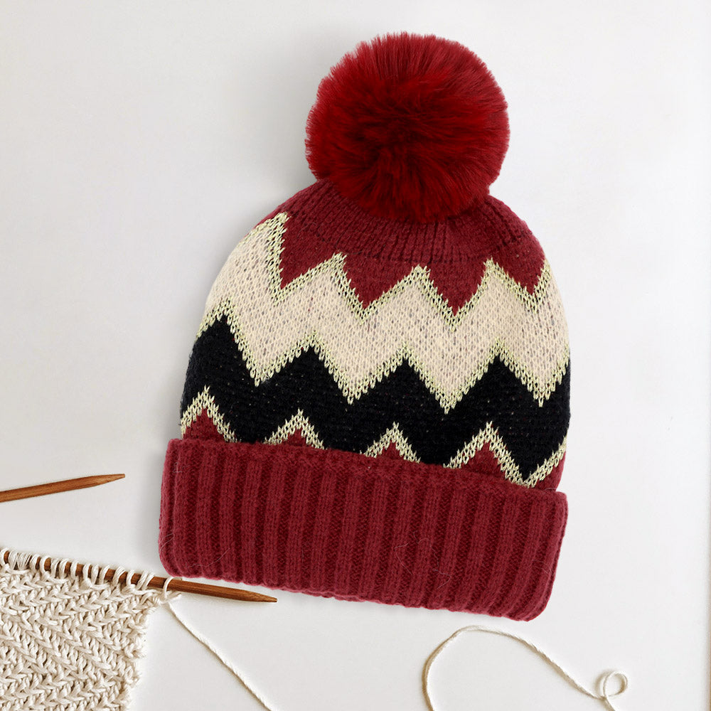 Burgundy Zigzag Chevron Patterned Fuzzy Fleece Pom Pom Beanie Hat