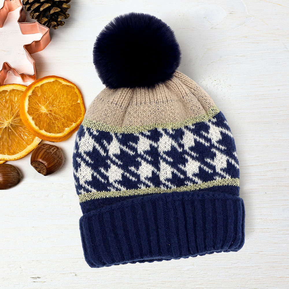 Navy Houndstooth Patterned Pom Pom Beanie Hat