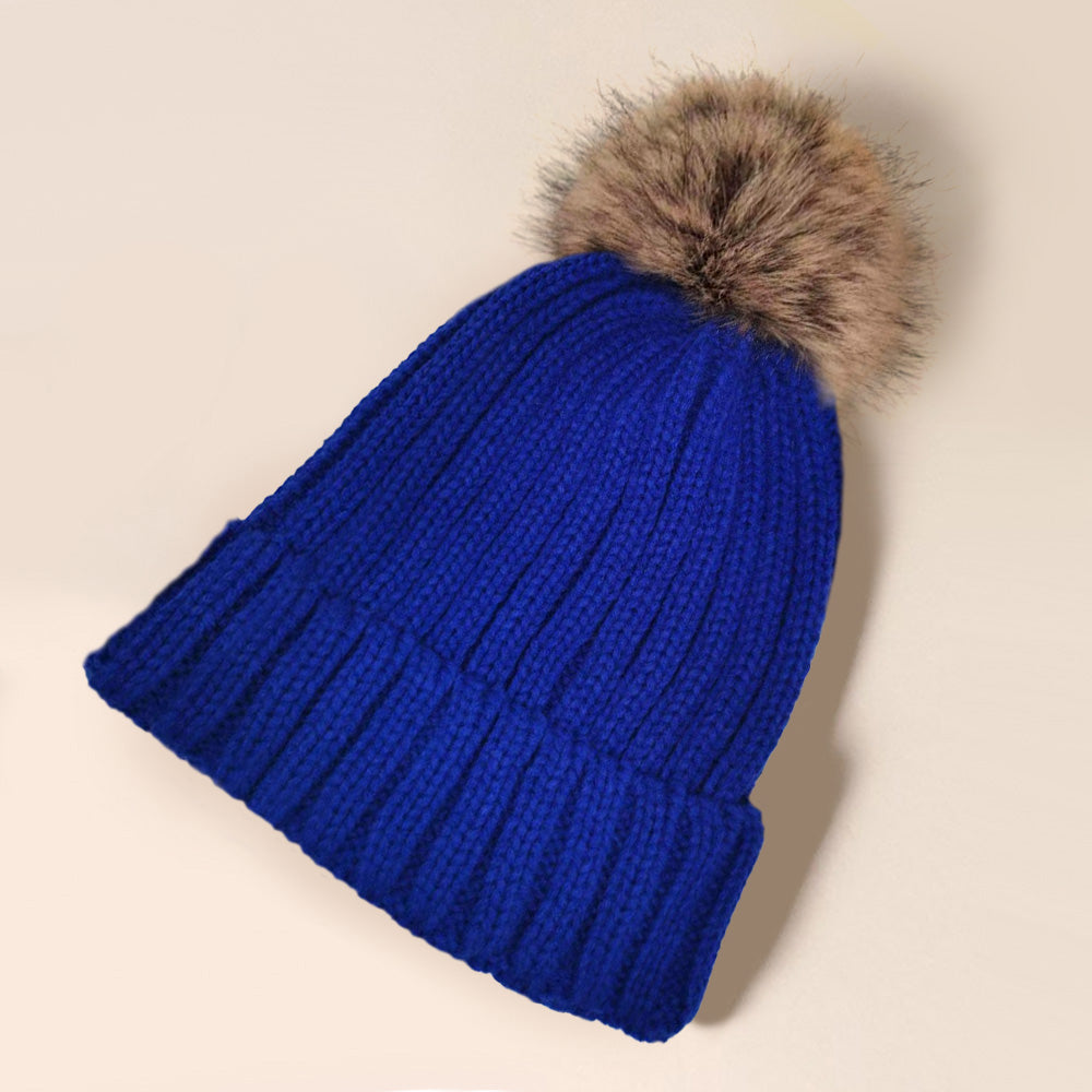 Blue Solid Knit Faux Fur Pom Pom Beanie Hat